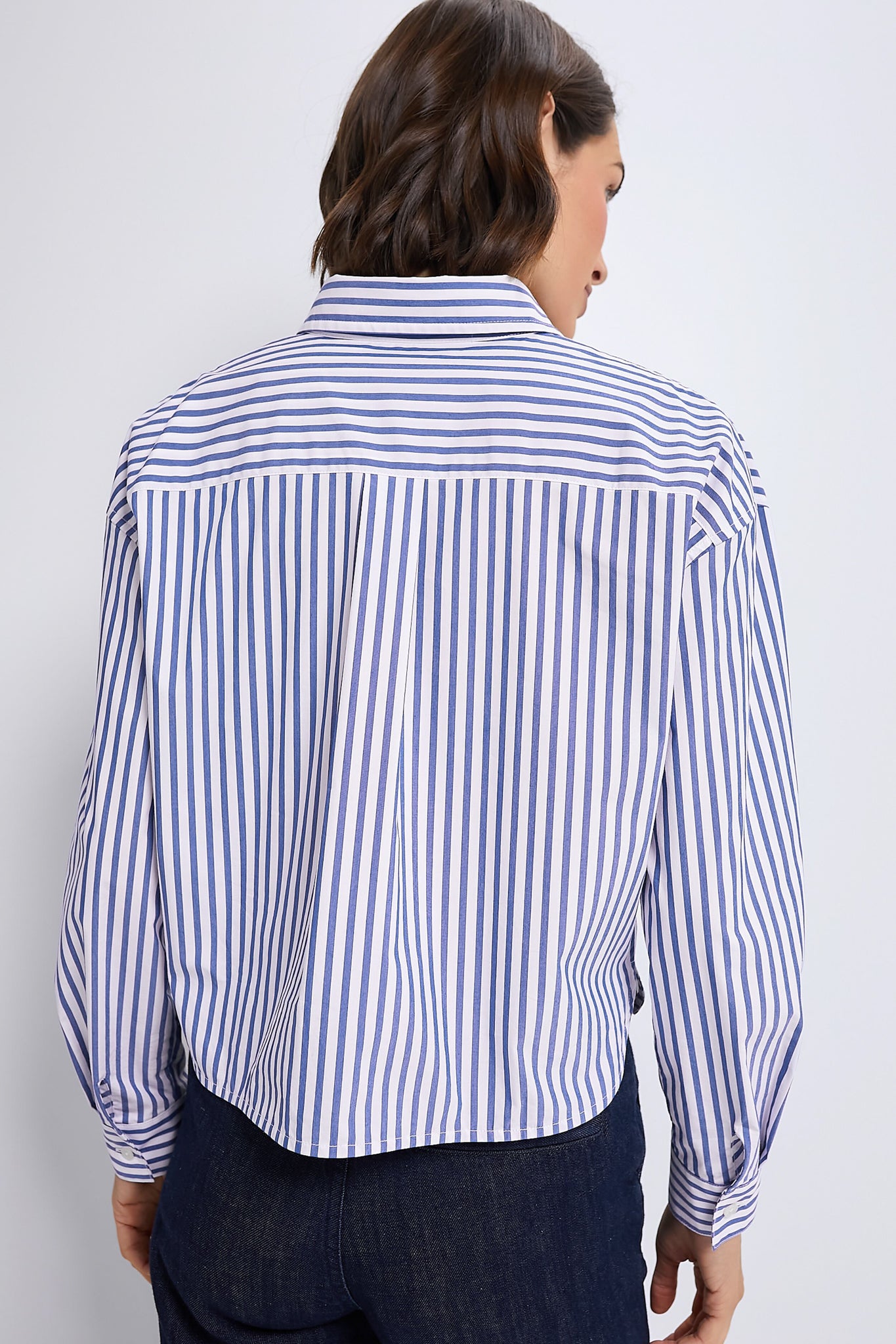 Blue Stripe Cropped Jasper Button Down Shirt for Women | Casual Office Wear & Summer Outfits | Lightweight Cotton Blouse with Short Sleeves