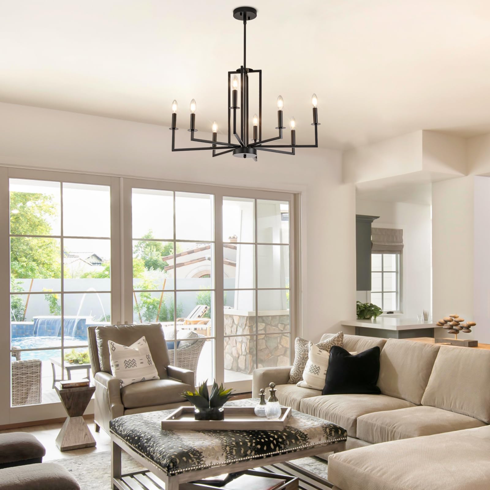 Modern Farmhouse Chandelier Black - 8-Light Dining Room Chandelier with Metal Frame for Farmhouse, Living Room, Bedroom, Staircase, Foyer & Entryway - Perfect for Rustic Home Decor, Wedding Venues and Cozy Dining Spaces