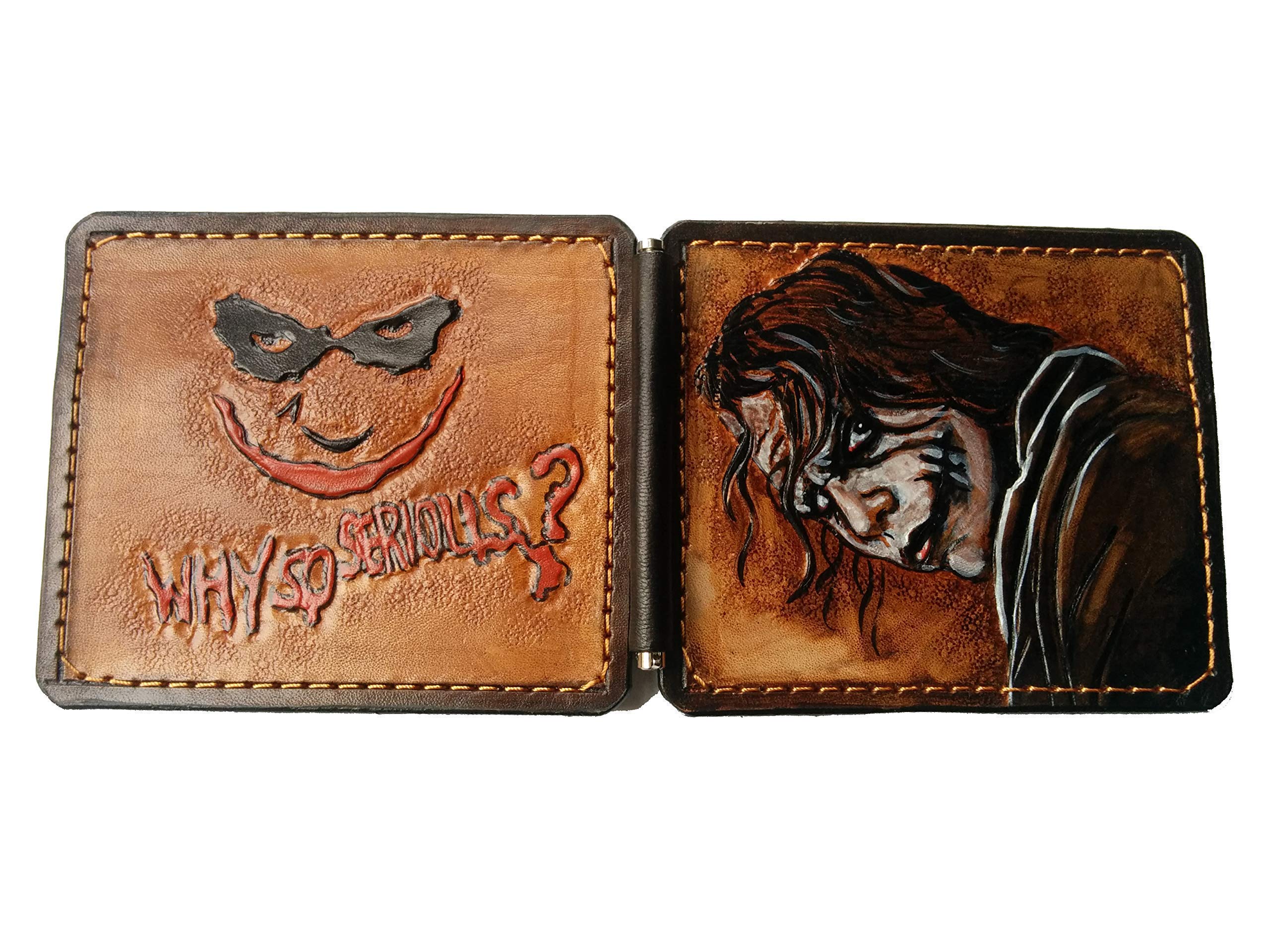 Joker Men's 3D Genuine Leather Wallet with Money Clip - Handmade Carved & Tooled Leather Bifold - Custom Airbrush Art Personalized Card Holder - Perfect Gift for Dad, Husband & Everyday Carry