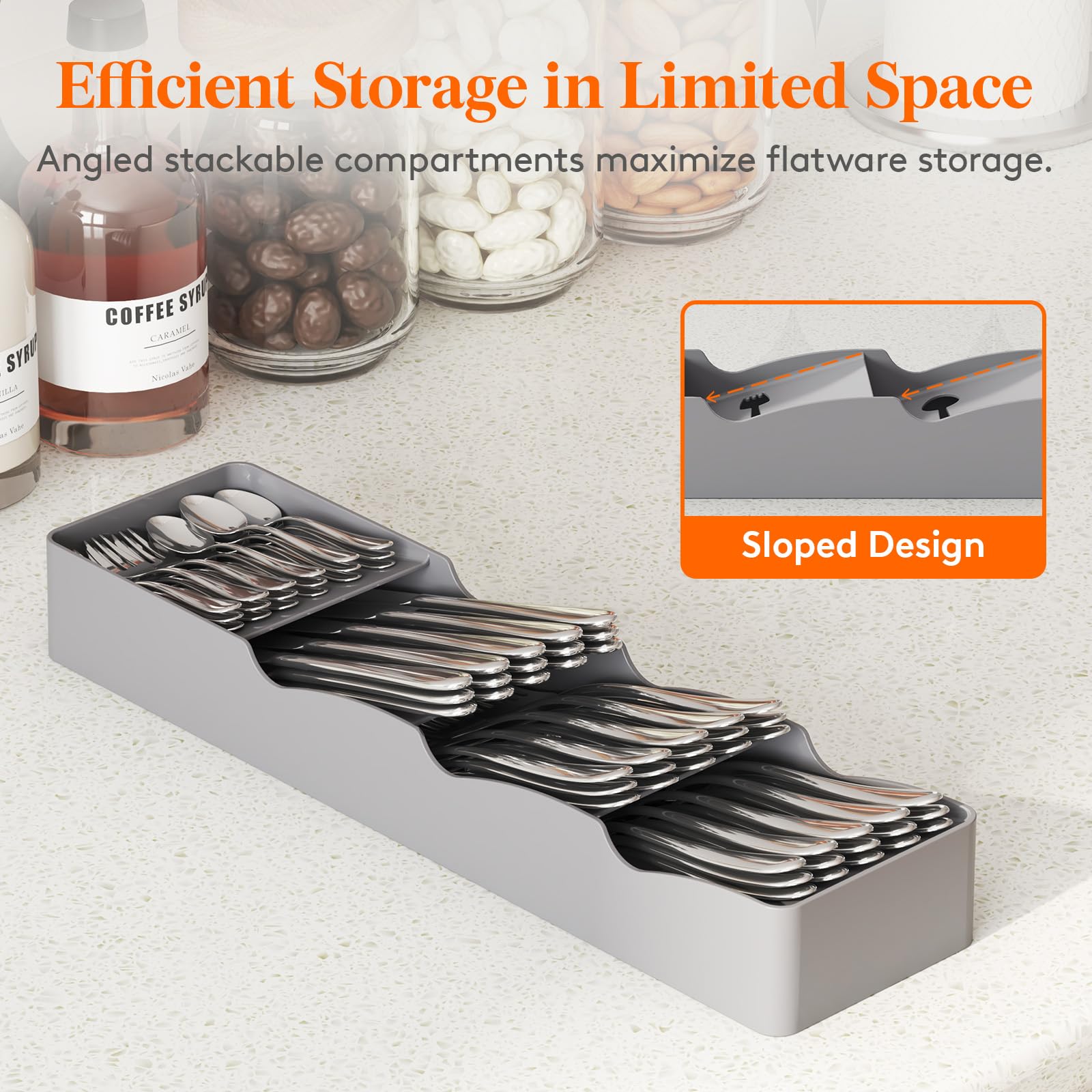 Lifewit Cutlery Drawer Organizer - Small Plastic Kitchen Utensil Tray for Spoons, Forks & Knives - Grey Flatware Storage Solution | Perfect for Kitchen Drawer Organization & Silverware Storage