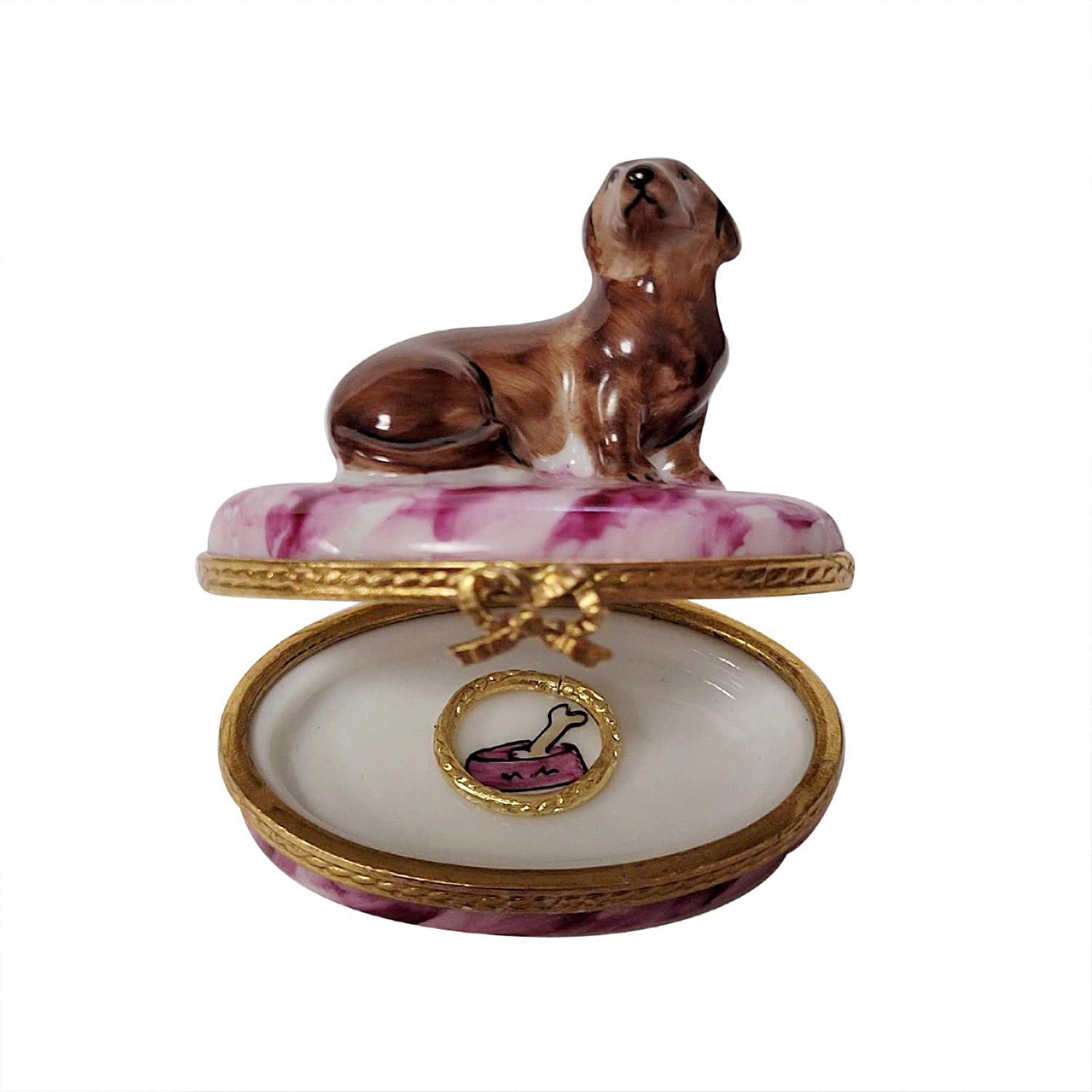 Limoges Porcelain Dachshund Trinket Box with Removable Brass Dog Collar - Hand-Painted Collectible Jewelry Storage | Perfect for Home Decor, Gift Giving & Keepsake Organization