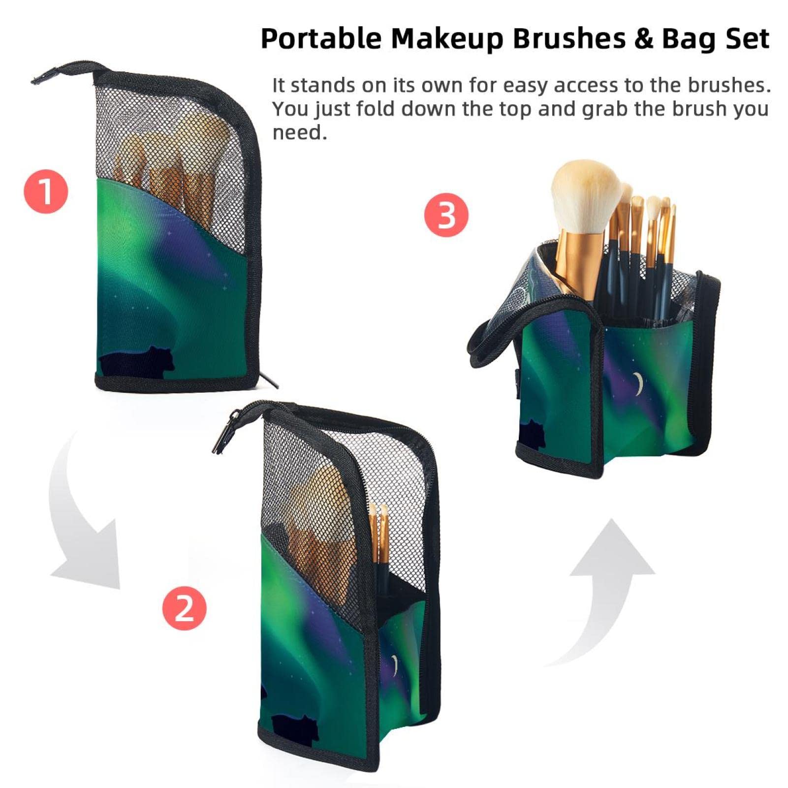 Portable Makeup Brush Organizer Bag with 12 Slots - Polar Bear Northern Lights Design - Travel-Friendly Cosmetic Brush Holder Case for Home & Travel Use