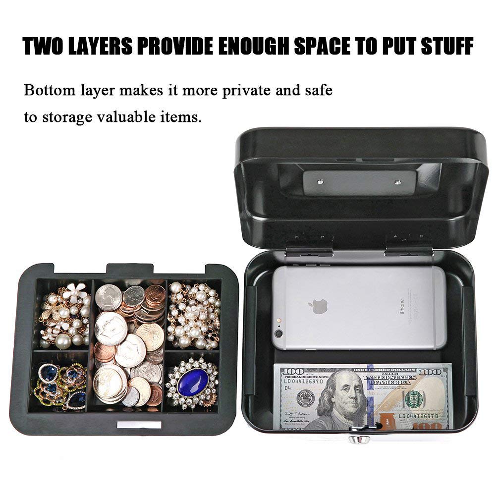 Jssmst Medium Steel Cash Box with Money Tray - Secure Lock Box for Home & Office Use - Black - Perfect for Small Business, Retail Stores, and Personal Savings