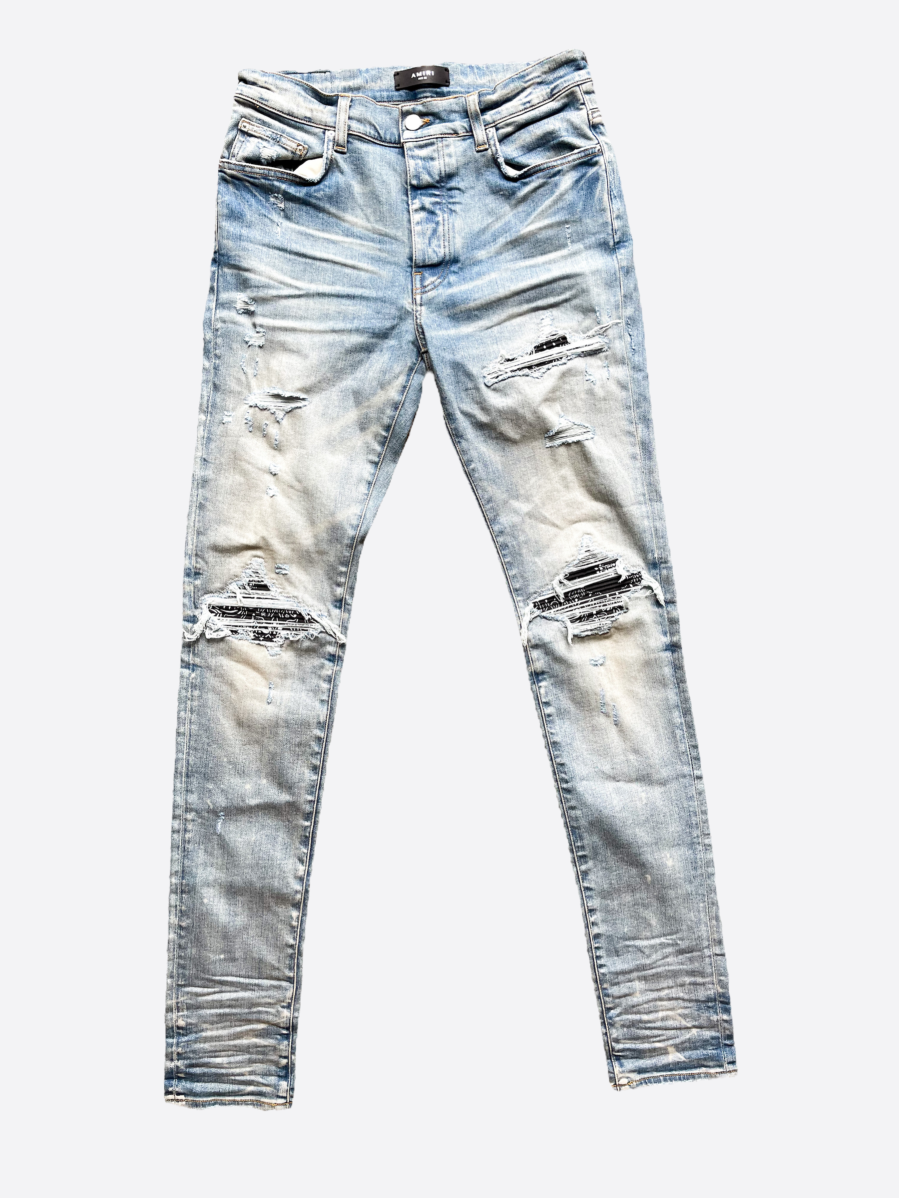 Amiri Blue Bandana Patch MX1 Distressed Denim Jeans for Men - Vintage Washed Slim Fit Ripped Skinny Jeans | Perfect for Streetwear, Casual Outfits & Night Out Looks