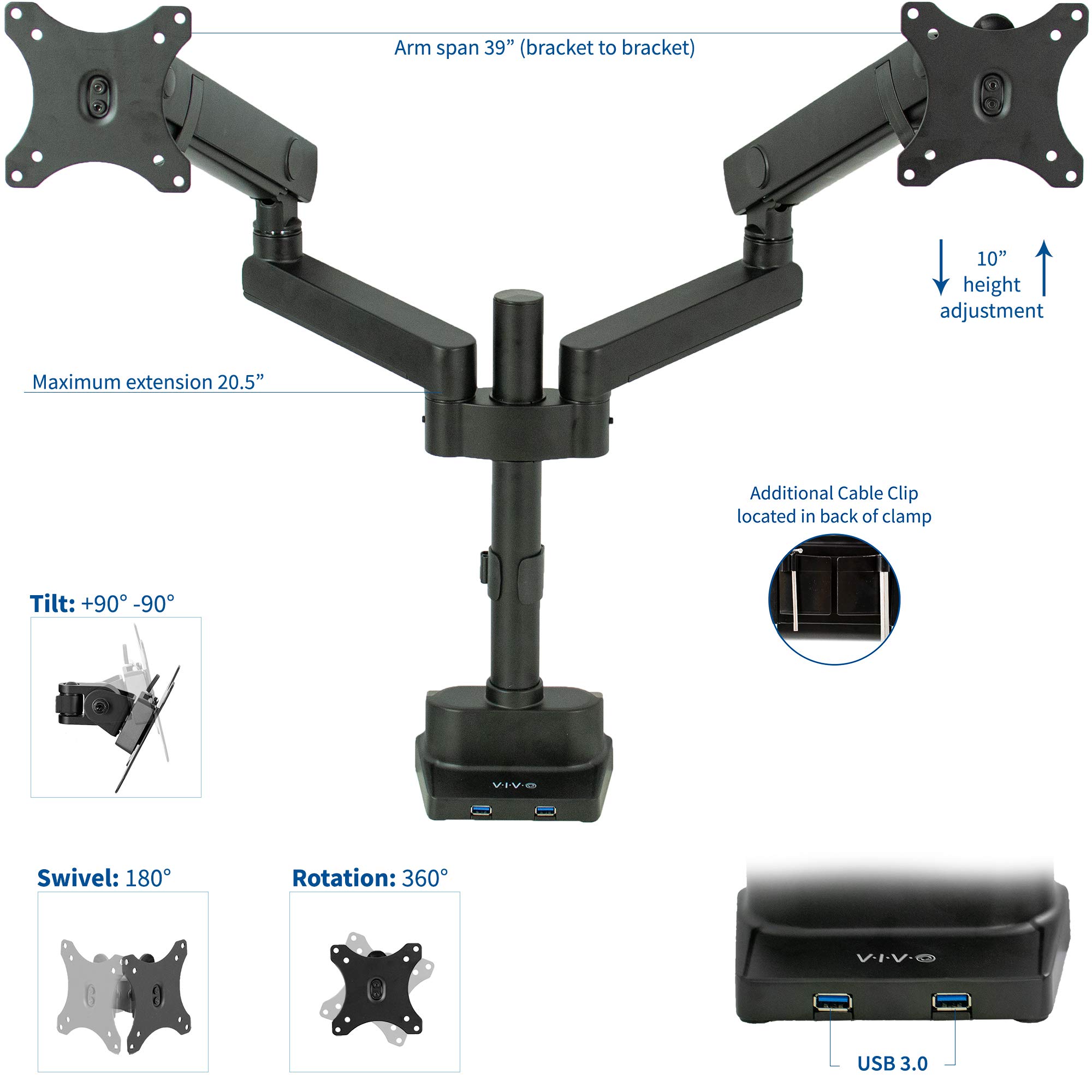 Premium Aluminum Full Motion Dual Monitor Desk Mount Stand with Lift Engine Arm - Adjustable Pole Extension & USB Ports - Fits Ultrawide Screens up to 35 inches (STAND-V102BDU) - Ideal for Home Office, Gaming Setup & Workspace Ergonomics