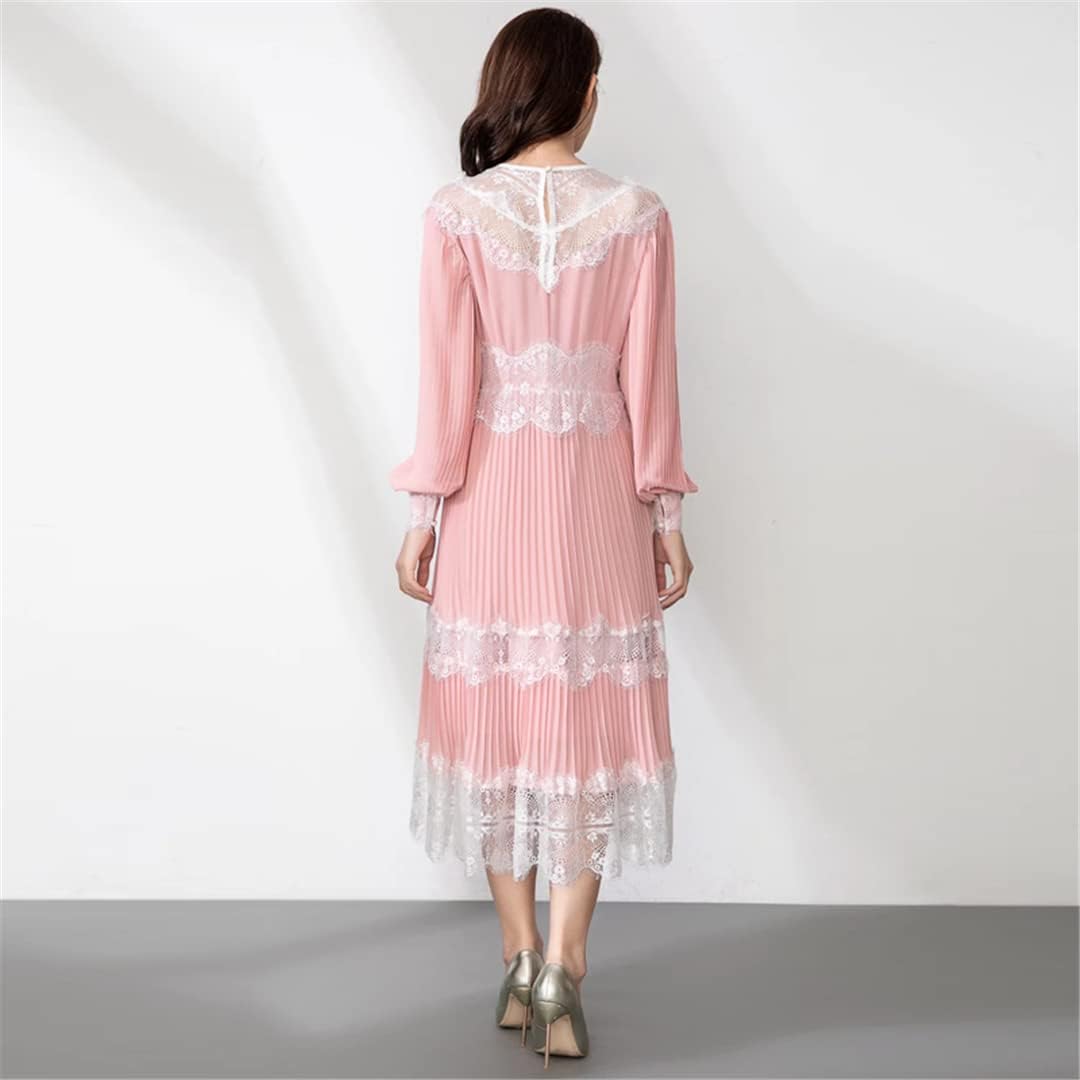 Elegant Women's Pleated Maxi Dress with Lantern Sleeves & Lace Patchwork - Pink & Black Flowy Party Dress for Spring, Fall, Holiday & Special Occasions