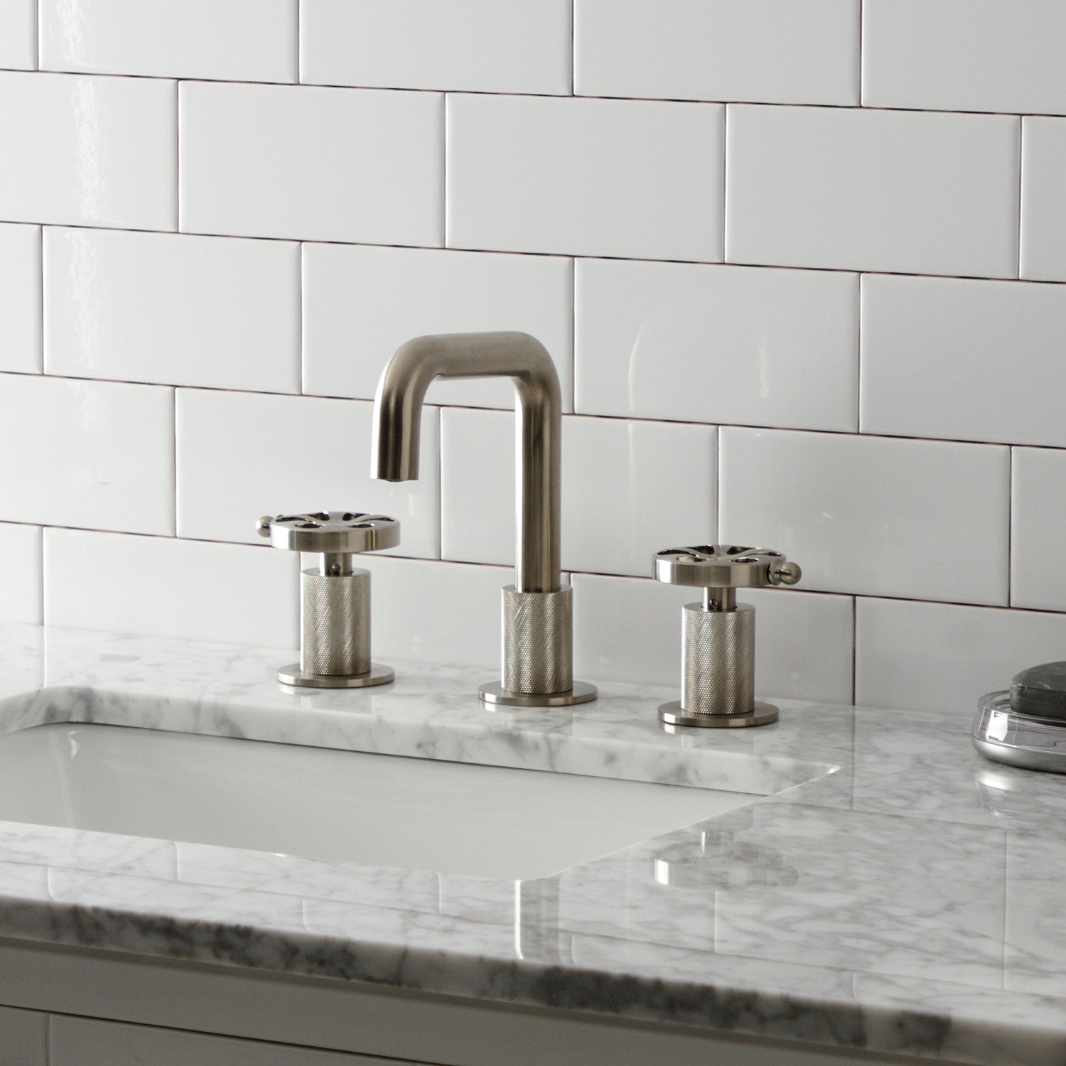 Belknap KS1418RX Brushed Nickel Widespread Bathroom Faucet - 3 Hole Deck Mount with Push Pop-Up Drain - Perfect for Modern Bathroom Vanities and Powder Rooms