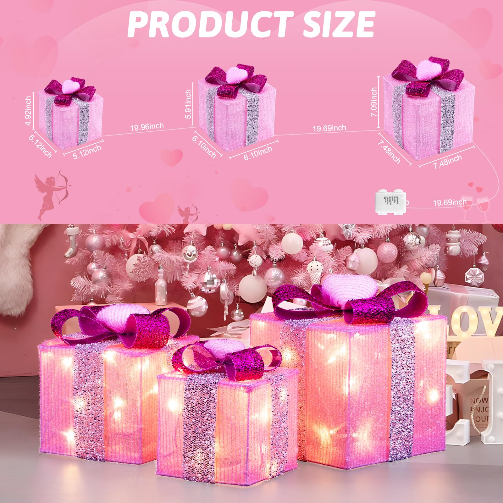 Areker 3-Piece LED Lighted Gift Box Set with Timer - Battery Operated Christmas & Valentine's Day Decorations (60 Pink Heart Lights) for Indoor & Outdoor Use - Perfect for Holiday Parties, Home Decor, and Romantic Gifts