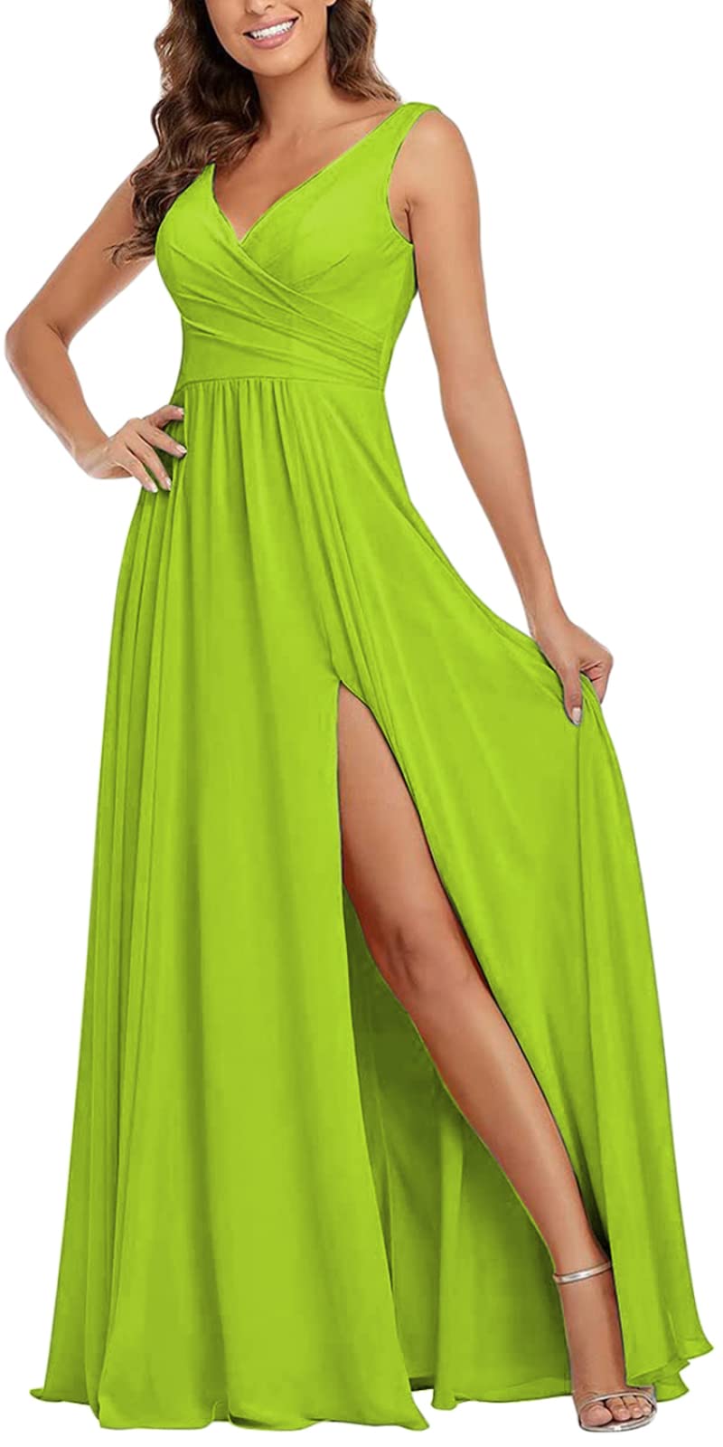 Elegant V-Neck A-Line Chiffon Bridesmaid Dress - Long Formal Evening Gown with High Slit for Weddings, Parties & Special Occasions