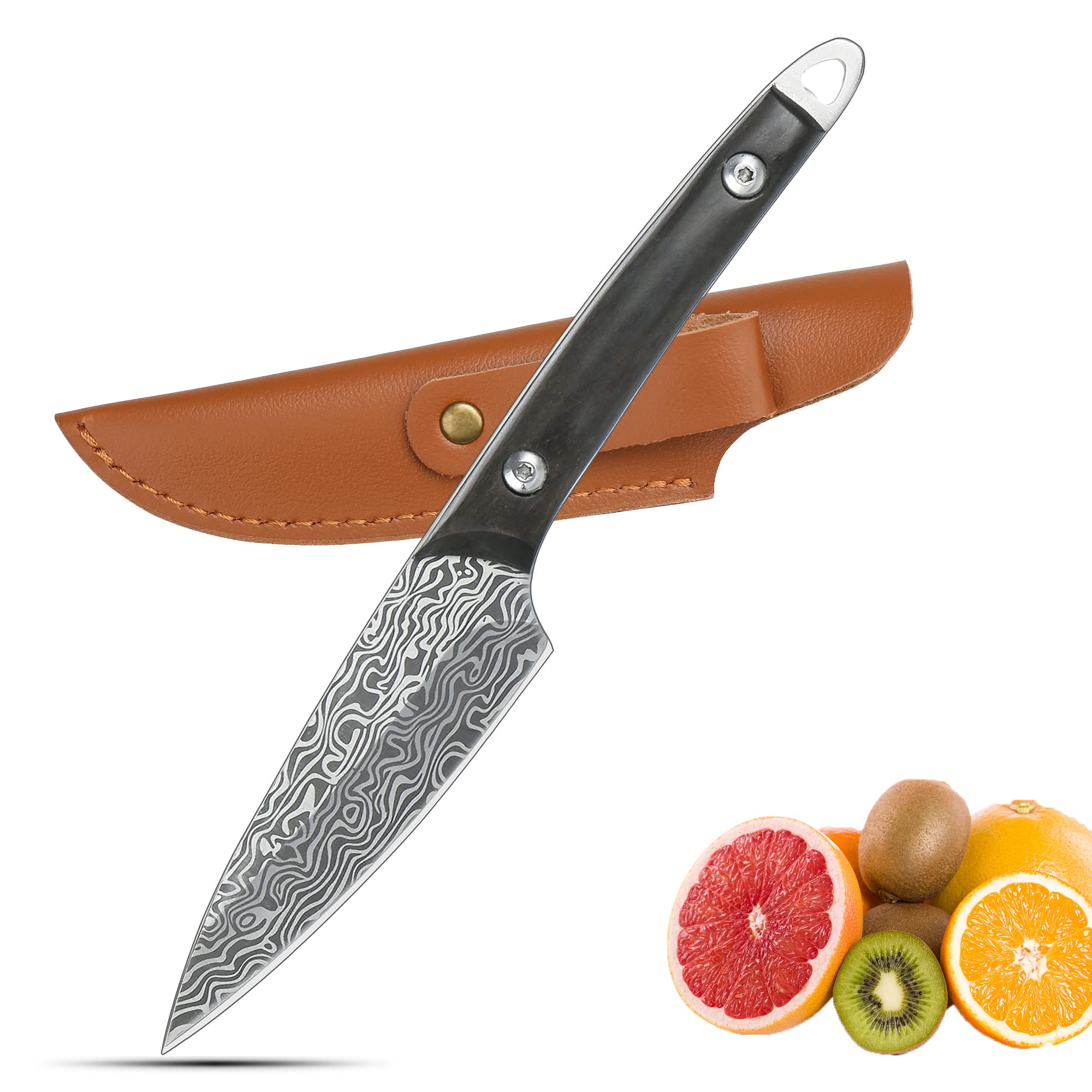 WILDMOK 3.3 Inch Stainless Steel Paring Knife - Sharp Utility Knife for Fruit & Vegetable Cutting, Kitchen Carving with Leather Case - Perfect for Camping, Picnics & Home Cooking