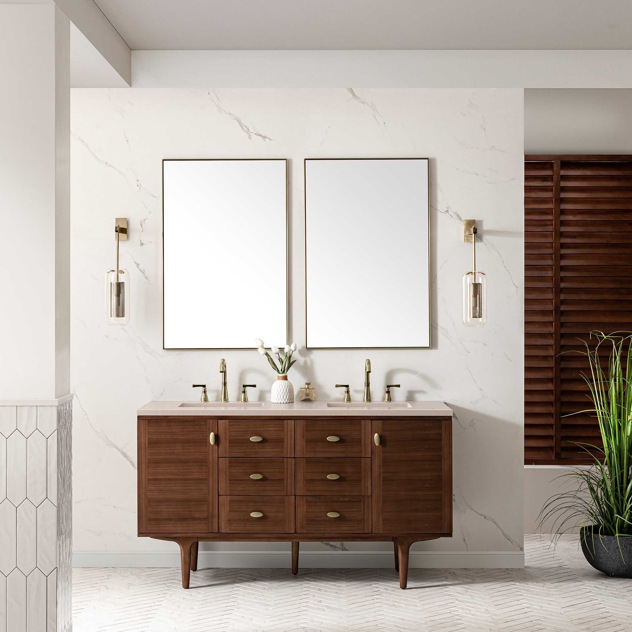 Amberly 60 Inch Double Bathroom Vanity with Mid-Century Walnut Finish & 3CM Eternal Marfil Stone Top - Perfect for Master Bathroom Renovation & Modern Home Decor