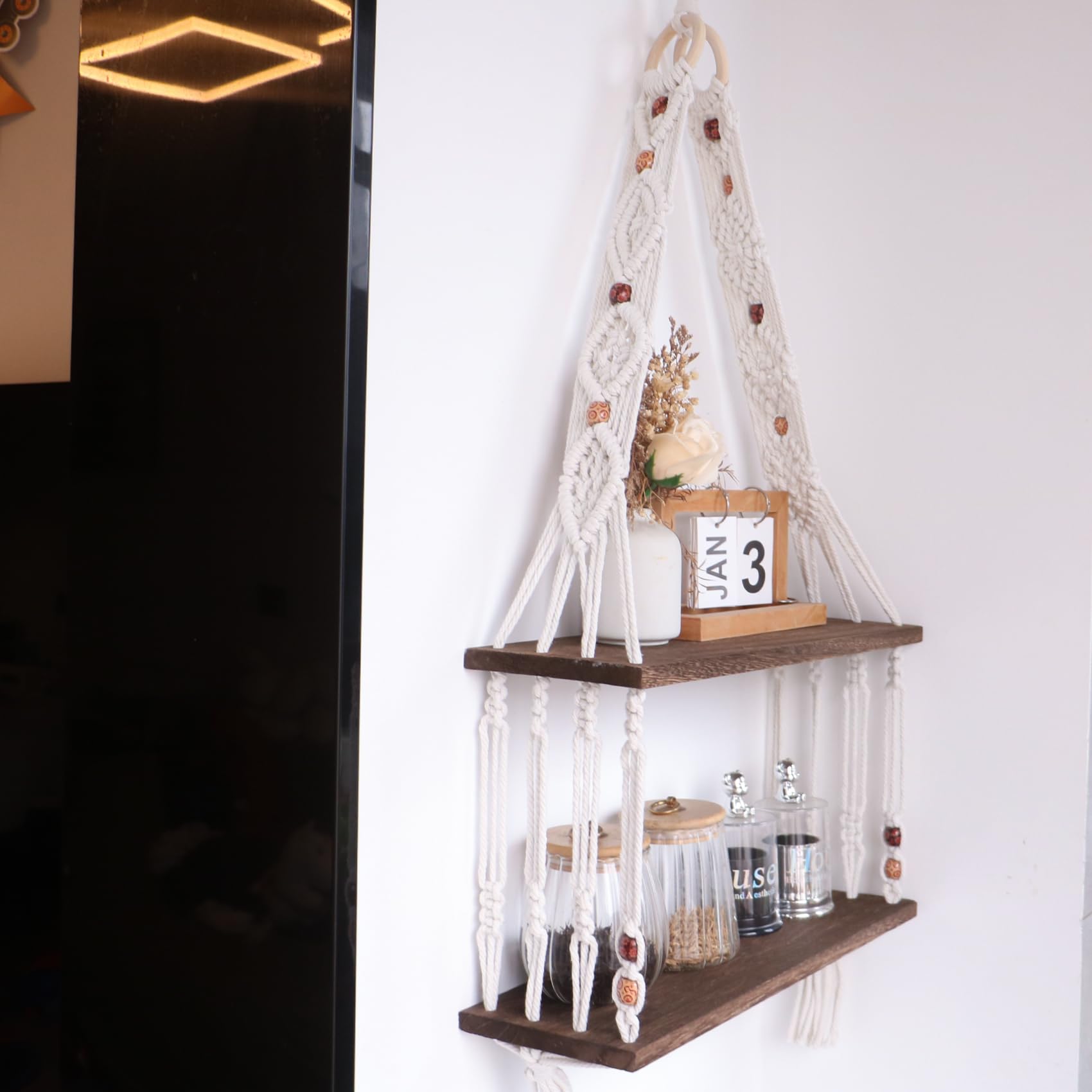 Boho Wall Hanging Shelves - Macrame Floating Wood Shelf for Plants & Photos - Decorative Storage for Bedroom, Living Room & Apartment Decor (Black) | Perfect for Small Space Organization & Boho Chic Home Styling