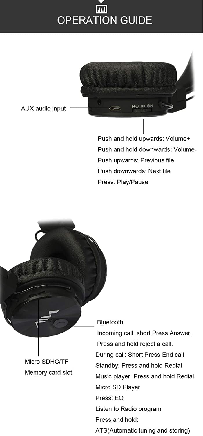 NIA Wireless Over Ear Headphones - Foldable Bluetooth Headset with Stereo Bass, 3.5mm Jack, Built-in Mic, MP3 Player & FM Radio - for Kids, Teens, Phone & Tablet Use - Perfect for School, Travel & Gaming - Black