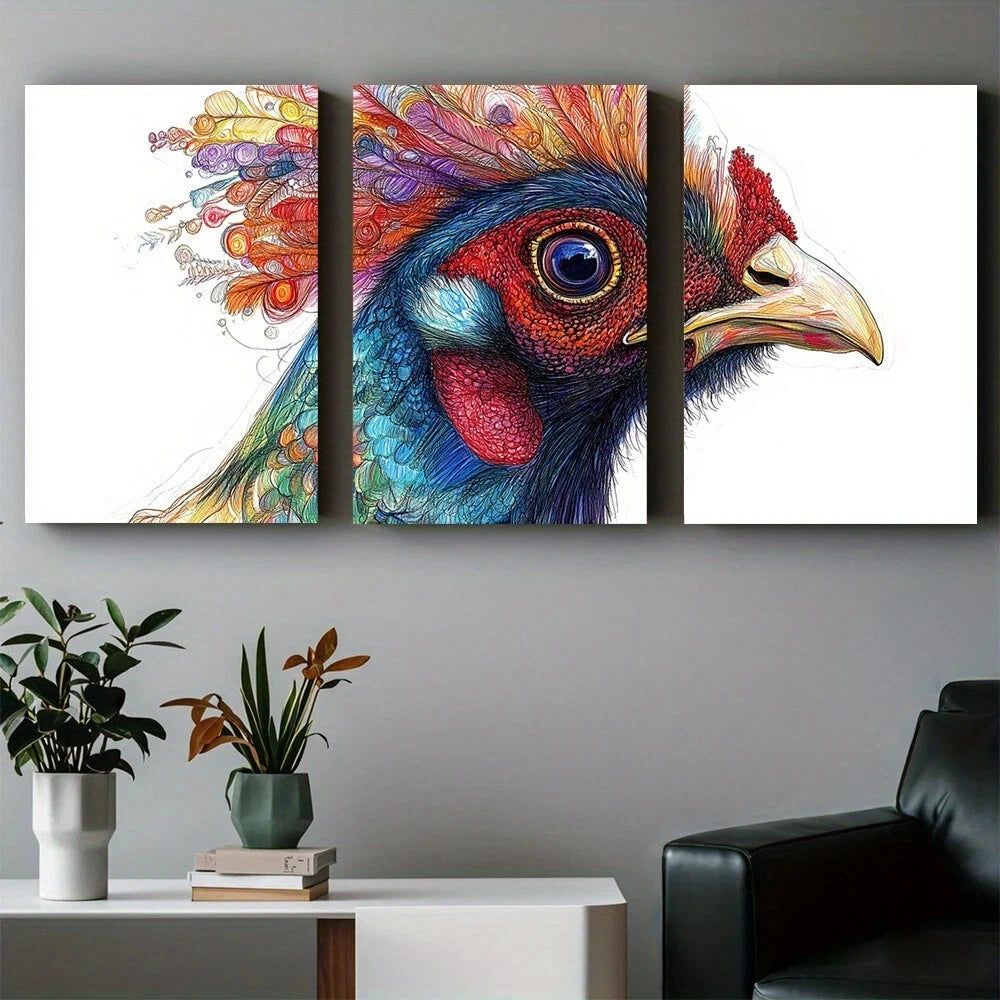 3-Piece Abstract Art Metal Print - Colorful Rooster Design - Ready to Hang Wall Decor for Living Room, Bedroom & Office