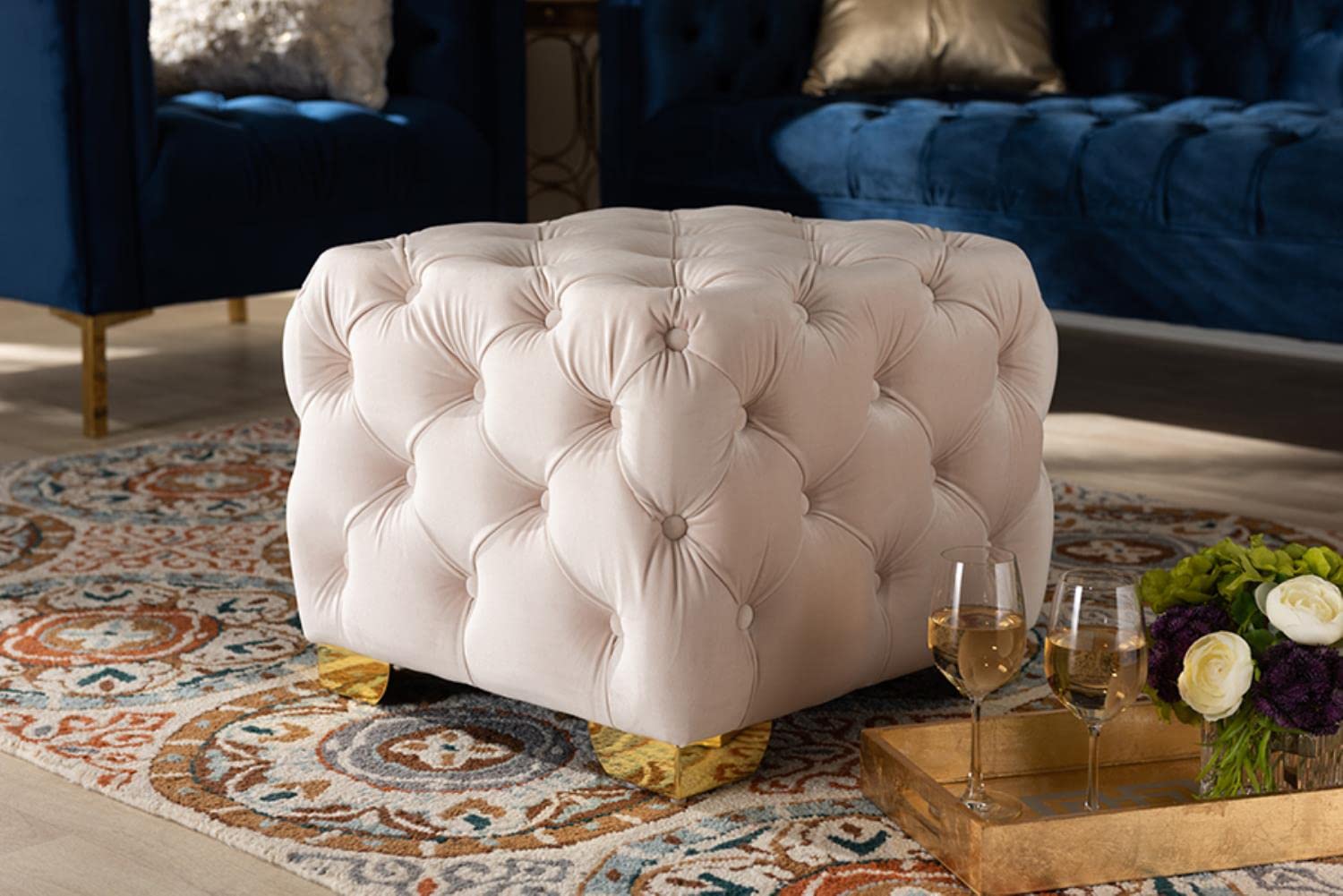 Baxton Studio Avara Tufted Ottoman - Light Beige Velvet Upholstery with Gold Finish | Luxury Footstool, Accent Seat & Bedroom Decor for Modern Living Rooms
