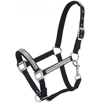Adjustable Nylon Miniature Horse Halter with Crystal Accents - Black | Perfect for Show Ponies, Dressage & Equestrian Events