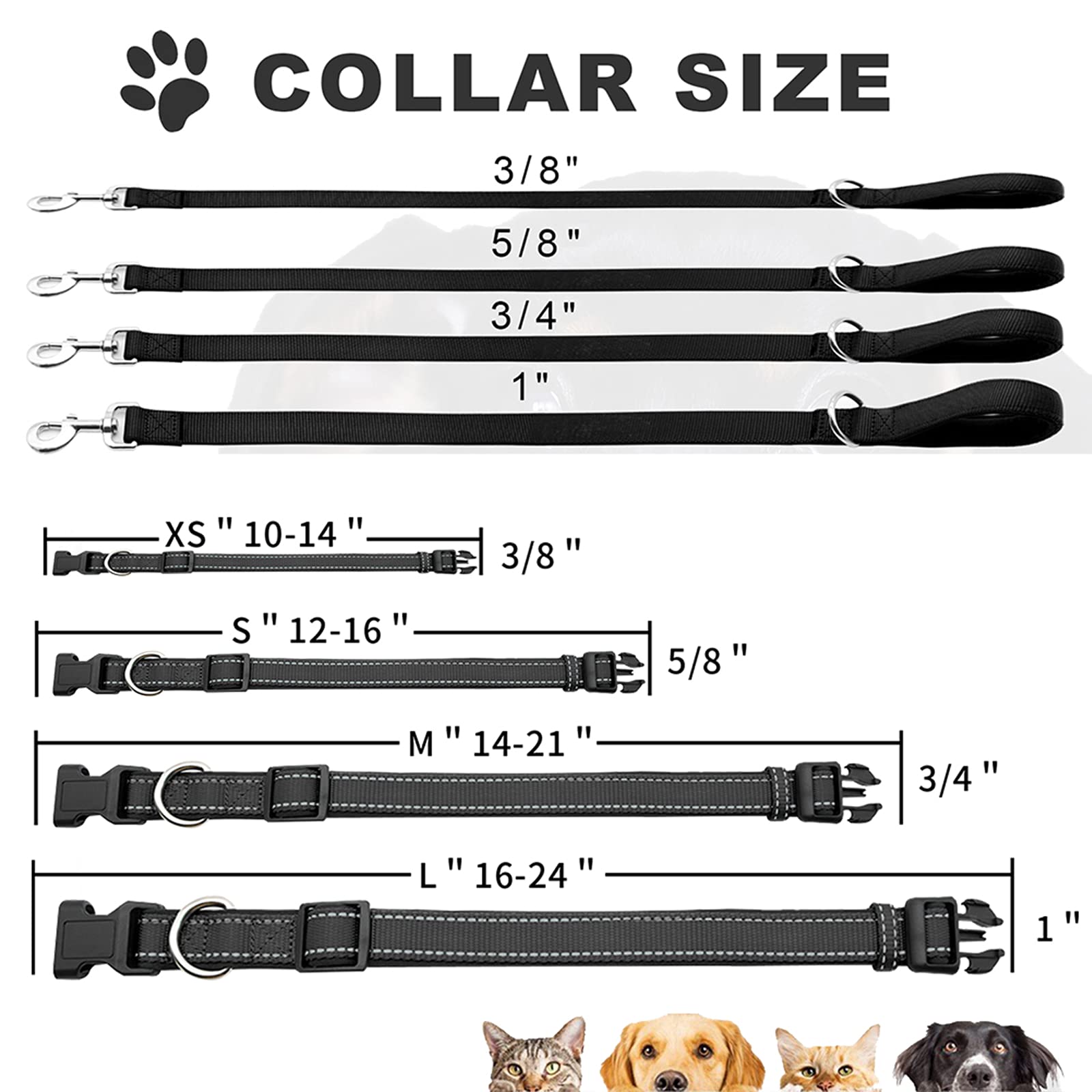 Premium Nylon Dog Collar and Leash Set for Small Dogs - Adjustable Reflective Collar with Quick Release Buckle & Soft Padded Handle - Black (4FT Leash + 12