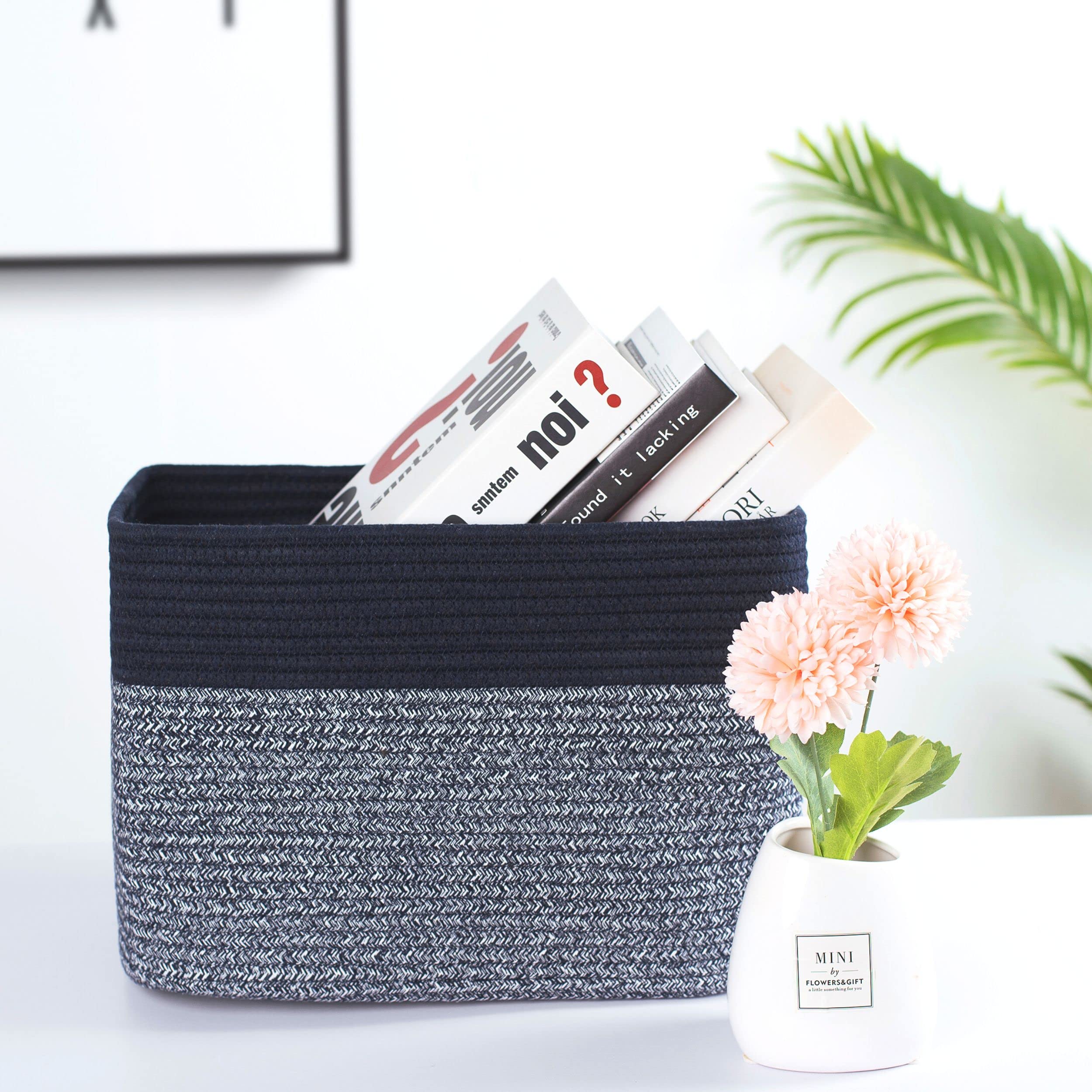 MINTWOOD Woven Storage Basket for Shelves - Navy Blue Decorative Organizer Bin for Books, Shoes, Pantry & Closet | Perfect for Home, Office & Nursery Organization