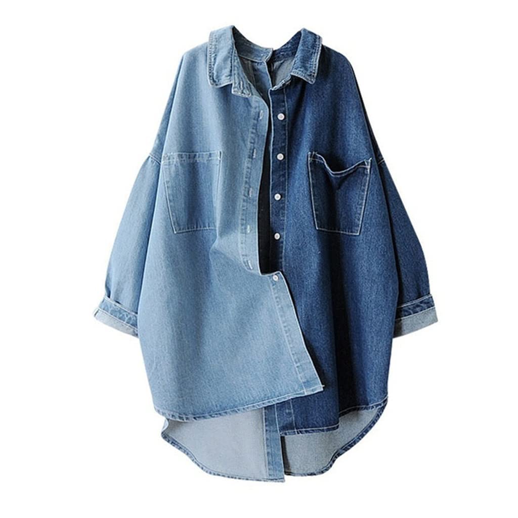 Women's Patchwork Lapel Long Sleeve Oversized Casual Blouse - Loose Fit Hit Color Blue Shirt for Everyday Wear & Boho Style Outfits (One Size)