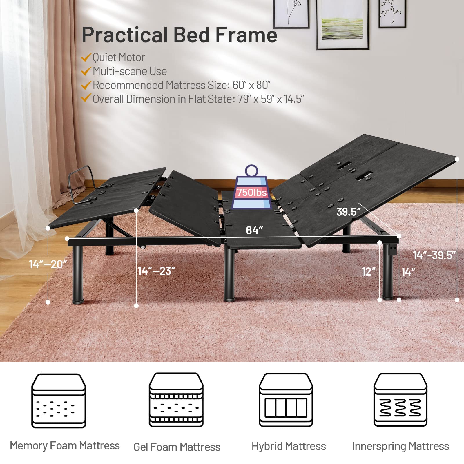 Giantex Adjustable Bed Base with Wireless Remote Control, Electric Bed Frame with Dual USB Ports & Under Bed LED Lights - Adjustable Head & Foot for Home, Dormitory, Office - Easy Assembly (Queen Size) - Perfect for Reading, Watching TV, and Relaxing