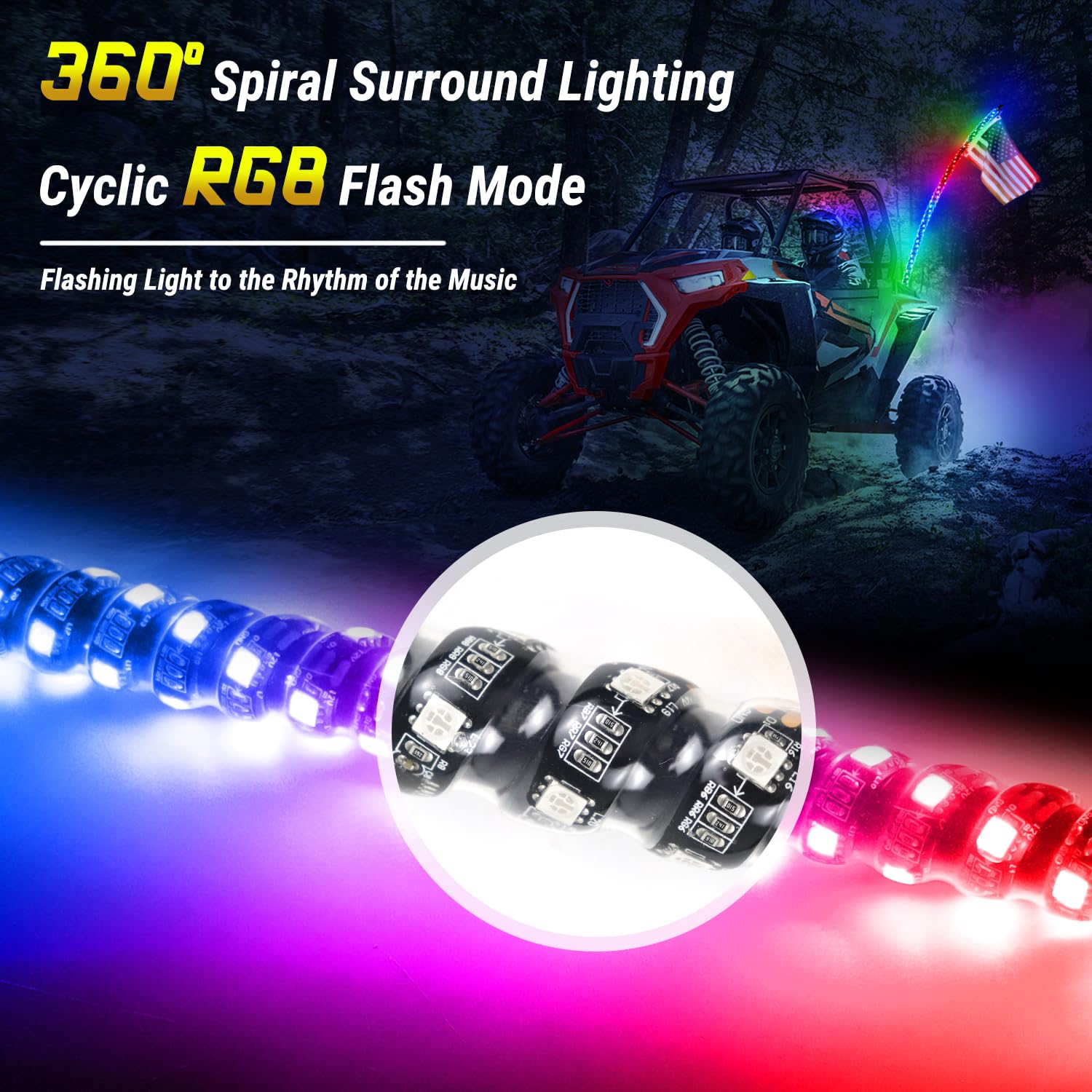 Super Bright RGB LED Whip Light - 5FT Colorful Chasing Light Bar with Spring Base, IP67 Waterproof, App & Remote Control for ATV, UTV, Boat, Truck - Perfect for Off-Road Adventures, Night Rides & Vehicle Customization