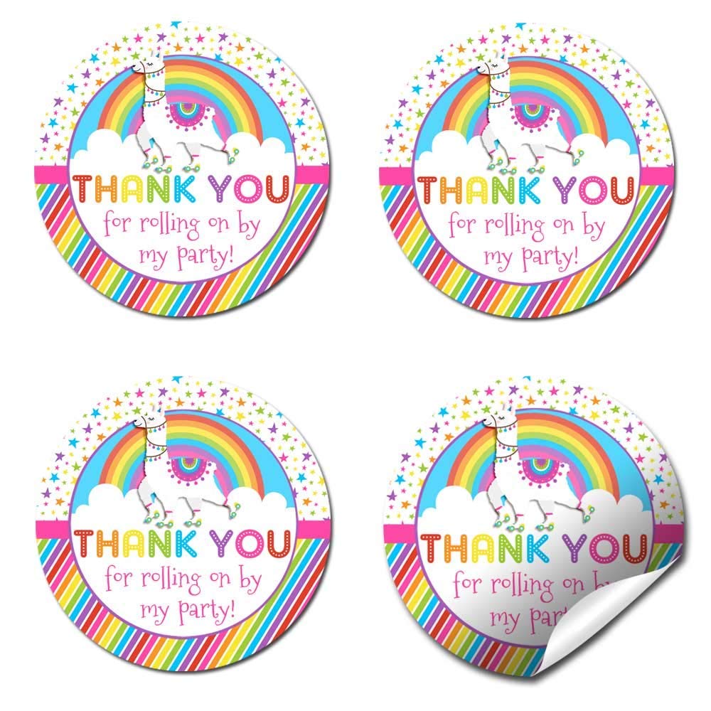 Colorful Rainbow Llama Roller Skating Thank You Stickers for Kids - 40 Pack 2 Inch Round Party Labels by AmandaCreation - Perfect for Birthday Favors, Envelope Seals, Goodie Bags & Scrapbooking