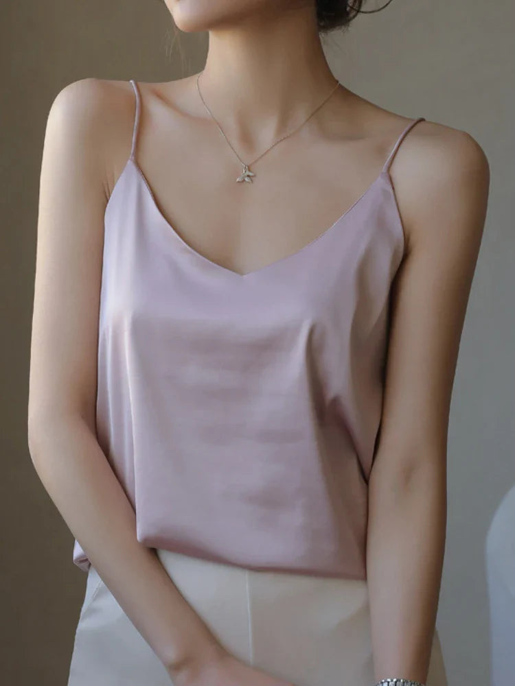 Acetate Satin Grey Camisole for Women - Loose Summer Spaghetti Strap Tank Top with V-Neck & Backless Design | Perfect for Layering, Beachwear & Night Out