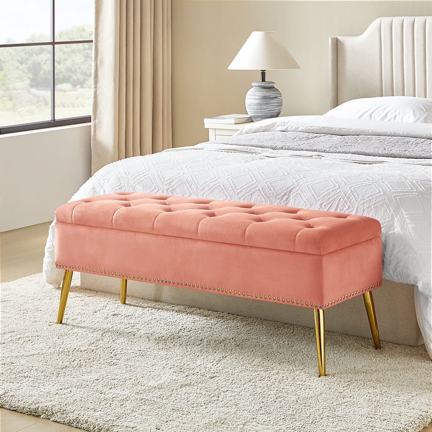 Lenore Upholstered Storage Bench with Cushion Seat - Modern Upholstered Ottoman for Bedroom, Living Room & Entryway - Multi-Functional Storage Furniture for Home Organization