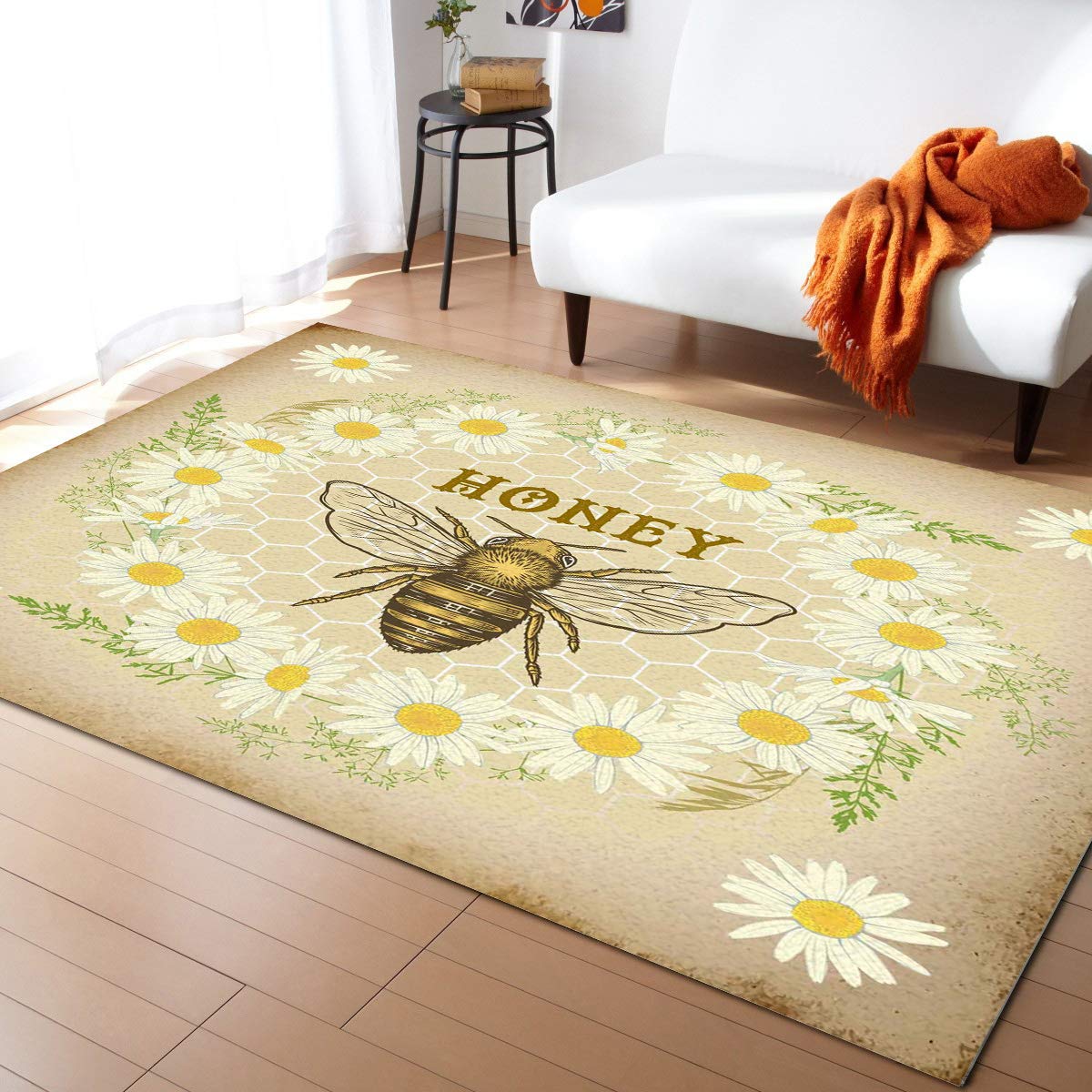 5'x7' Vintage Little Daisy Wreath Bee Floral Area Rug - Modern Low Profile Indoor Carpet for Bedroom, Living Room & Nursery | Soft Floor Mat for Home Decor, Kids Play Area & Cozy Spaces