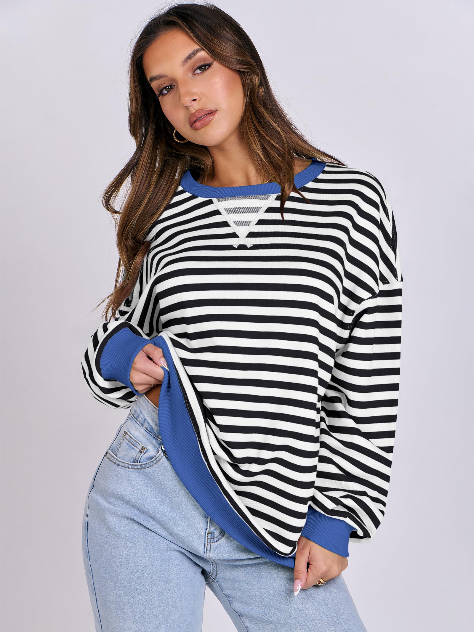 ANRABESS Women's Striped Oversized Sweatshirt - Long Sleeve Crewneck Pullover Sweater | Trendy Fall Fashion 2025 | Casual Outfit for Streetwear, Lounge & Coffee Dates