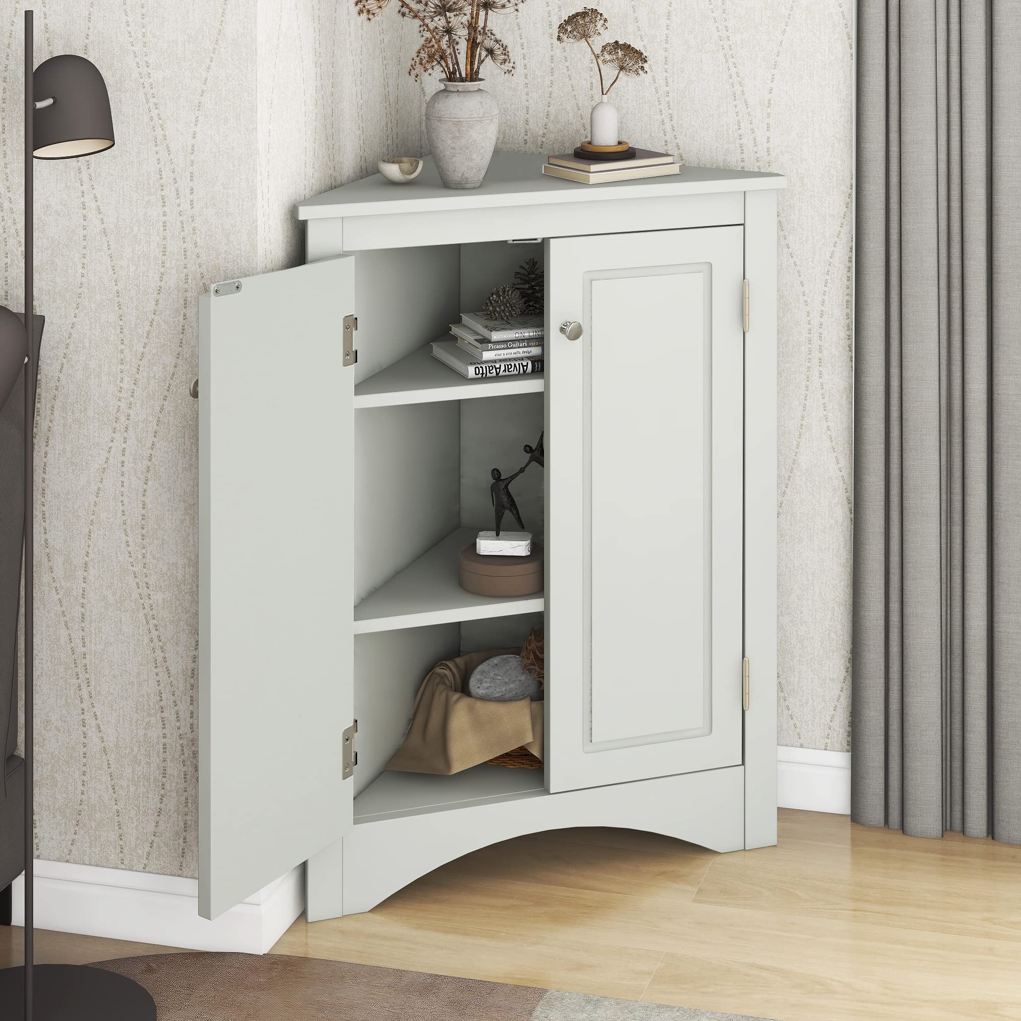 Corner Storage Cabinet for Bathroom - Adjustable Shelves Freestanding 2-Door Floor Cabinet (Grey) | Space-Saving Organizer for Small Bathrooms, Laundry Rooms & Closets