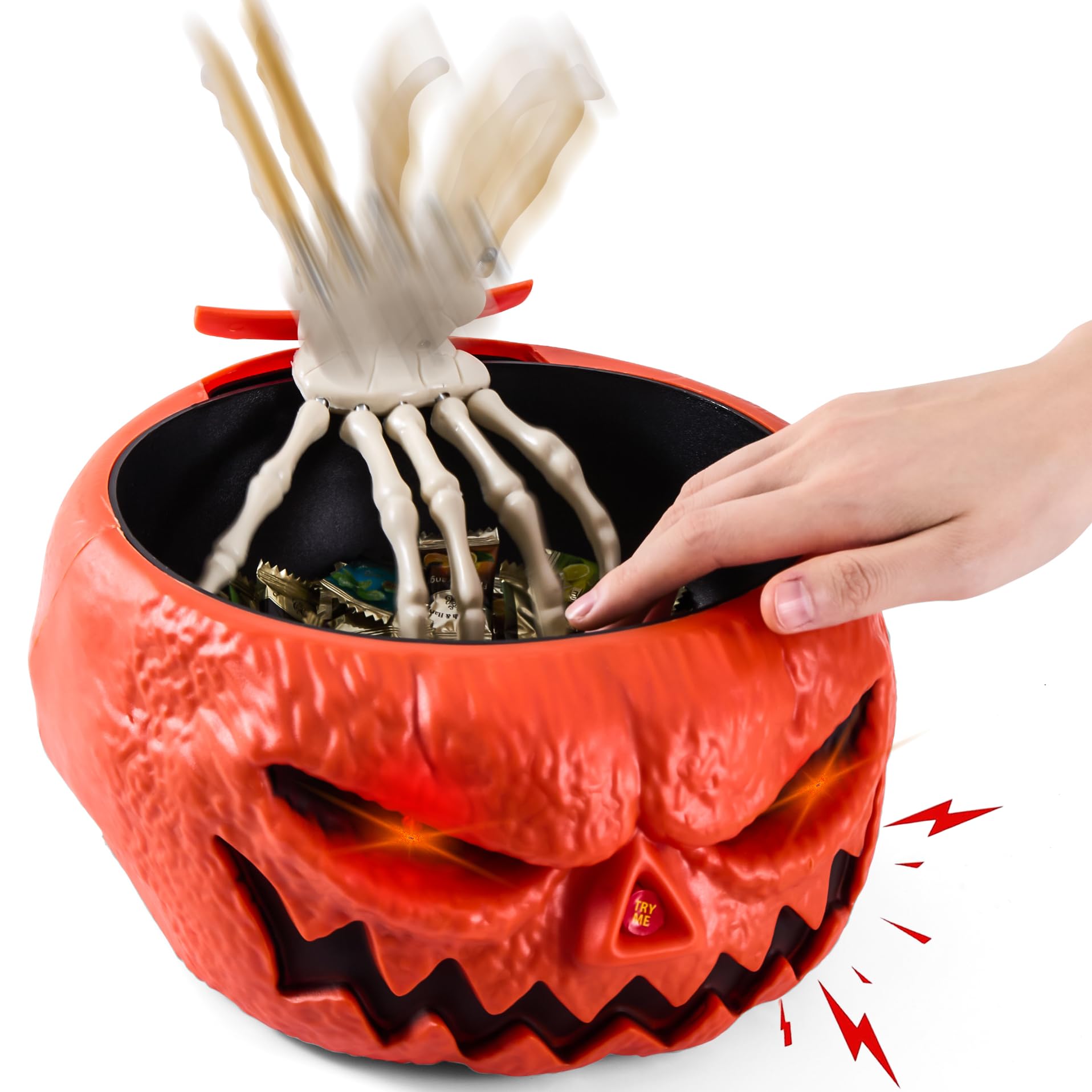 Animatronic Halloween Candy Bowl - Touch Activated Pumpkin Bowl with Creepy Sounds, Moving Skeleton Hand & Glowing Eyes | Scary Halloween Party Decor for Trick-or-Treat, Haunted House & Spooky Home Decoration