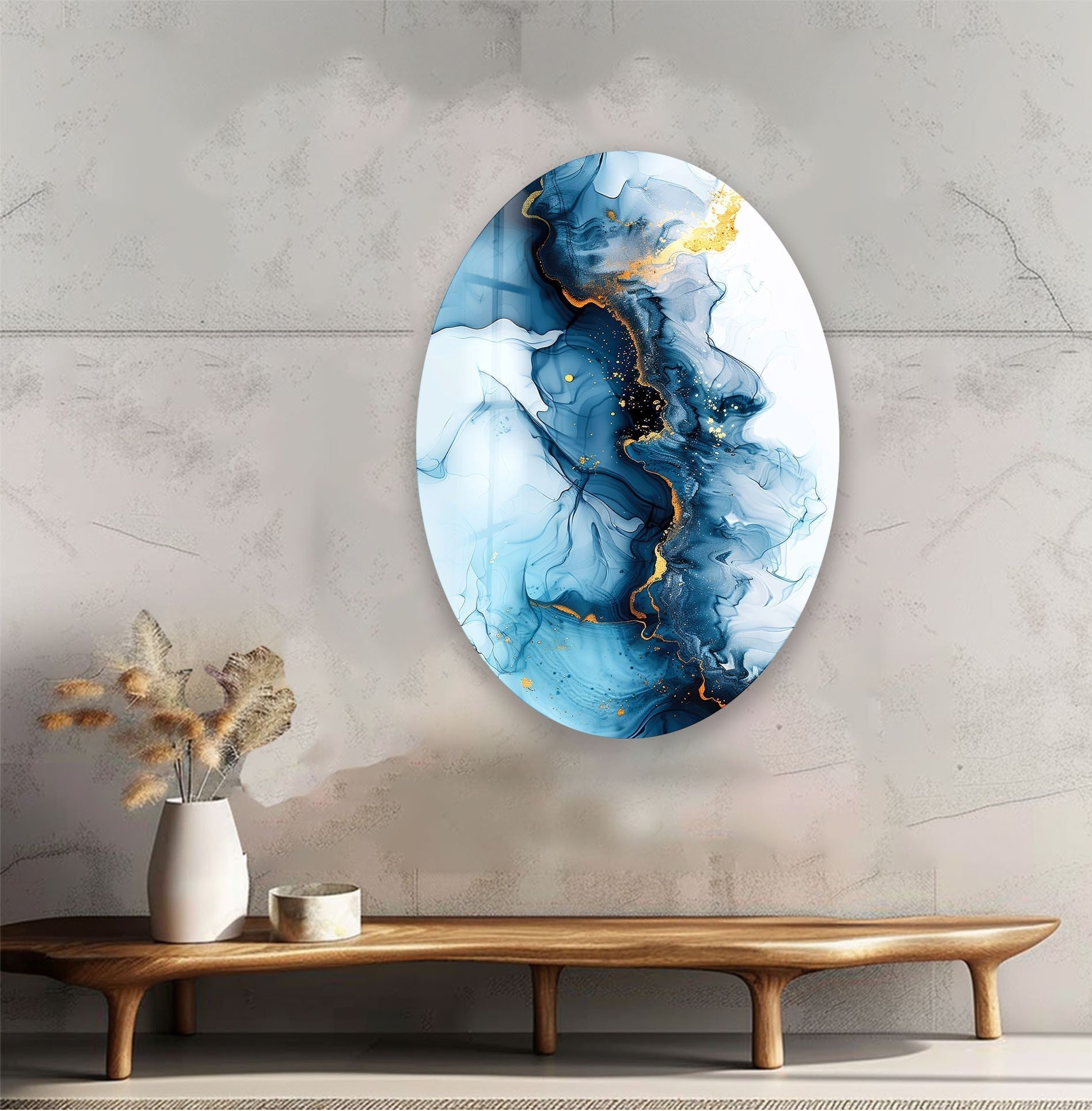 Asymmetric Oval Navy Blue Glass Wall Art - Modern Abstract Home Decor for Living Room, Bedroom, Office - Handmade Glass Wall Hanging for Unique Interior Design