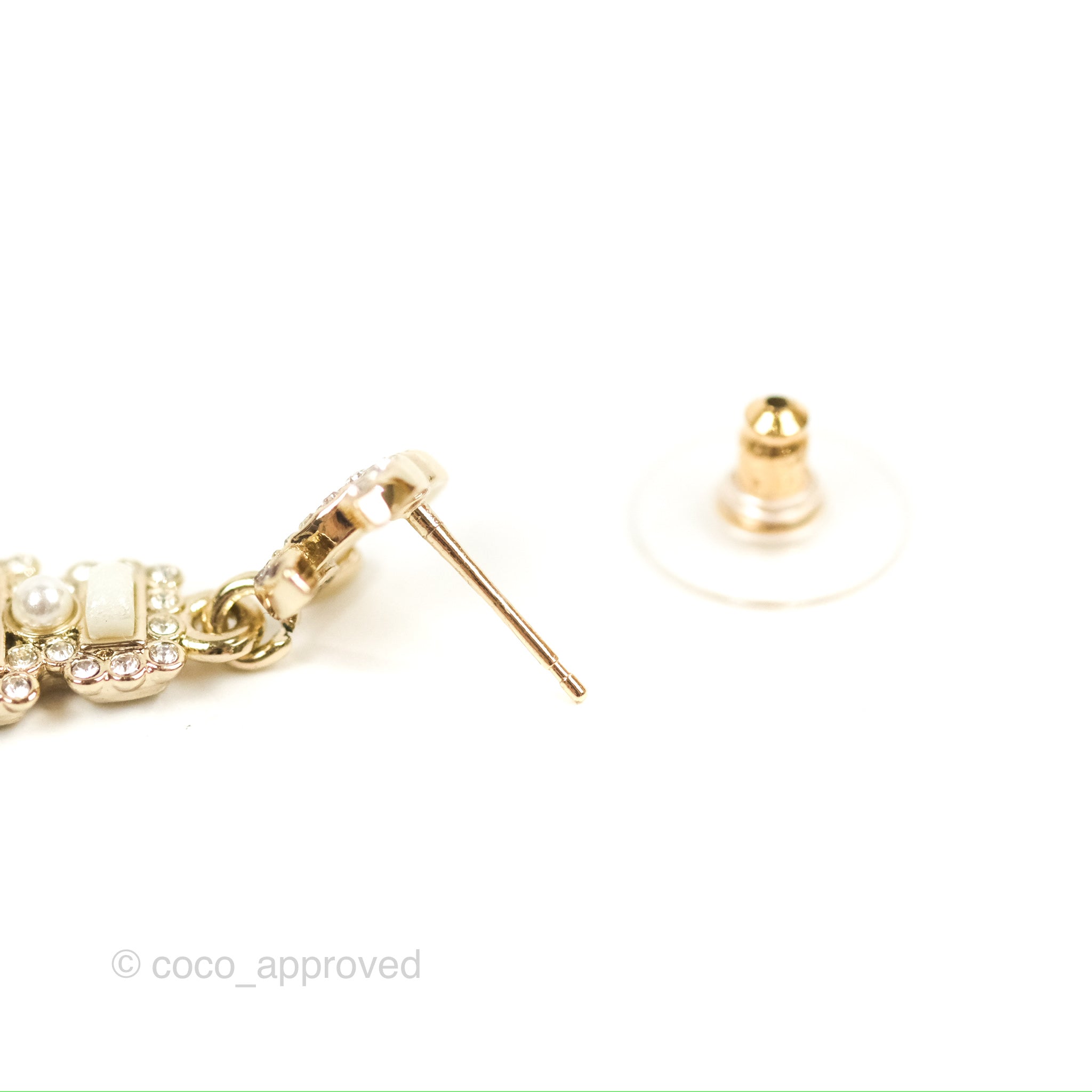 Chanel CC Crystal Perfume Bottle Earrings - 21K Gold Tone Luxury Jewelry for Women, Perfect for Parties, Weddings & Special Occasions