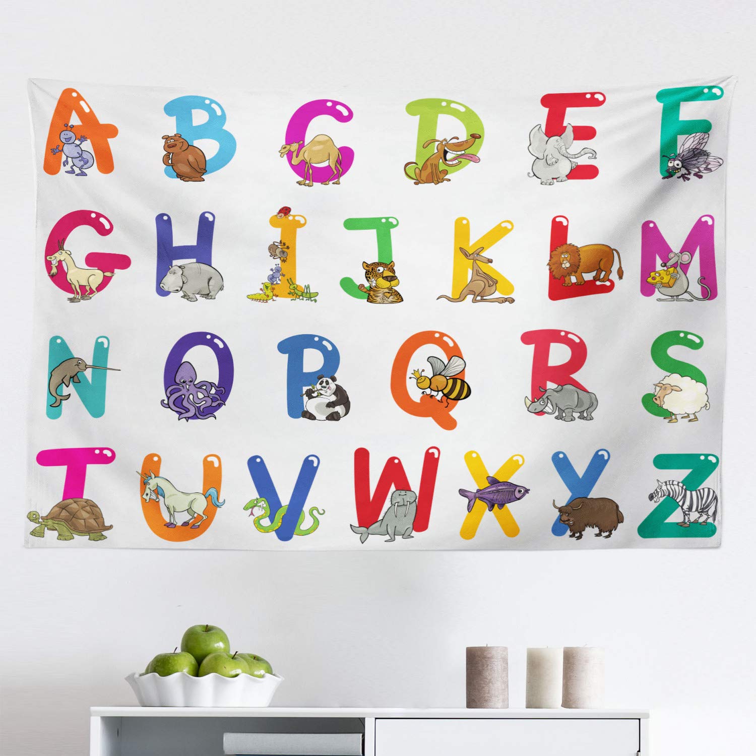 Ambesonne Alphabet Tapestry - Colorful Cartoon Animal ABC Wall Art Decor for Nursery, Kids Room, Bedroom & Dorm - 45x30 Inch Fabric Wall Hanging with Educational Letters - Perfect for Baby Showers, Classroom Decor & Birthday Gifts
