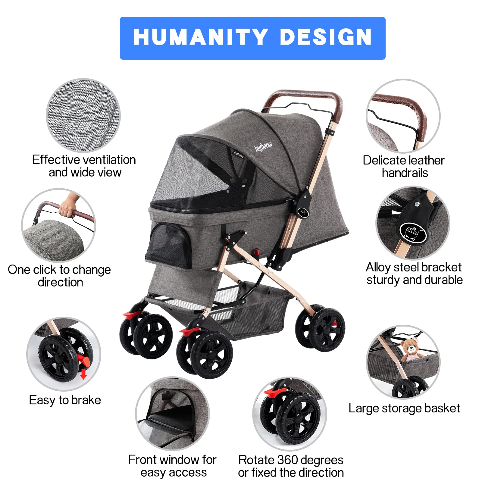 Pet Stroller for Small & Medium Dogs & Cats - 4-Wheel Carrier with Weather Cover & Storage Basket (Gray) - Perfect for Walks, Vet Visits & Outdoor Adventures