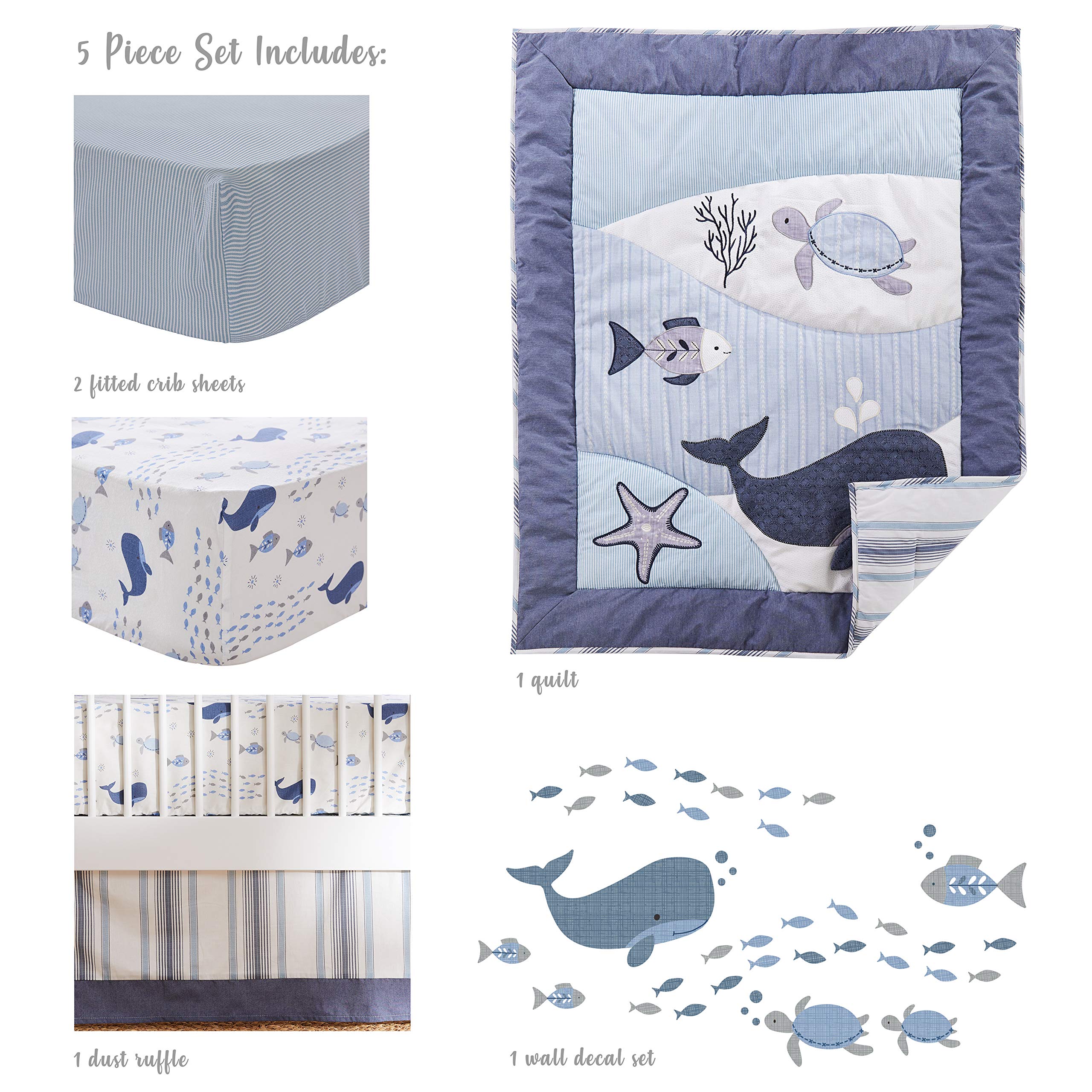 Levtex Baby Boho Bay Crib Bedding Set - 5 Piece Nursery Collection with Quilt, Fitted Sheets, Wall Decal & Dust Ruffle - Navy Blue Grey White Under The Sea Theme - Perfect for Coastal Nursery Decor & Baby Shower Gifts