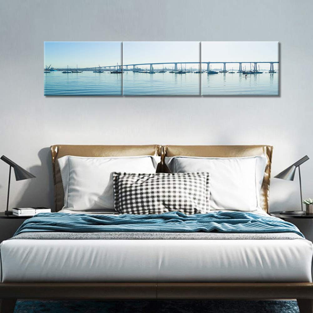 TUMOVO Framed Wall Art Set of 3 - San Diego Waterfront Coronado Bridge & Sailing Boats Modern Canvas Prints (14x20 Inch) for Living Room, Office, Bedroom Decor | Ready to Hang Coastal Theme Home & Office Wall Decorations