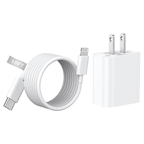 Apple MFi Certified 20W PD Fast Charger with 10FT USB-C to Lightning Cable - Rapid Type C Wall Charger Power Adapter for iPhone 14/13/12/11/XS/Max - Perfect for Home, Office & Travel Charging