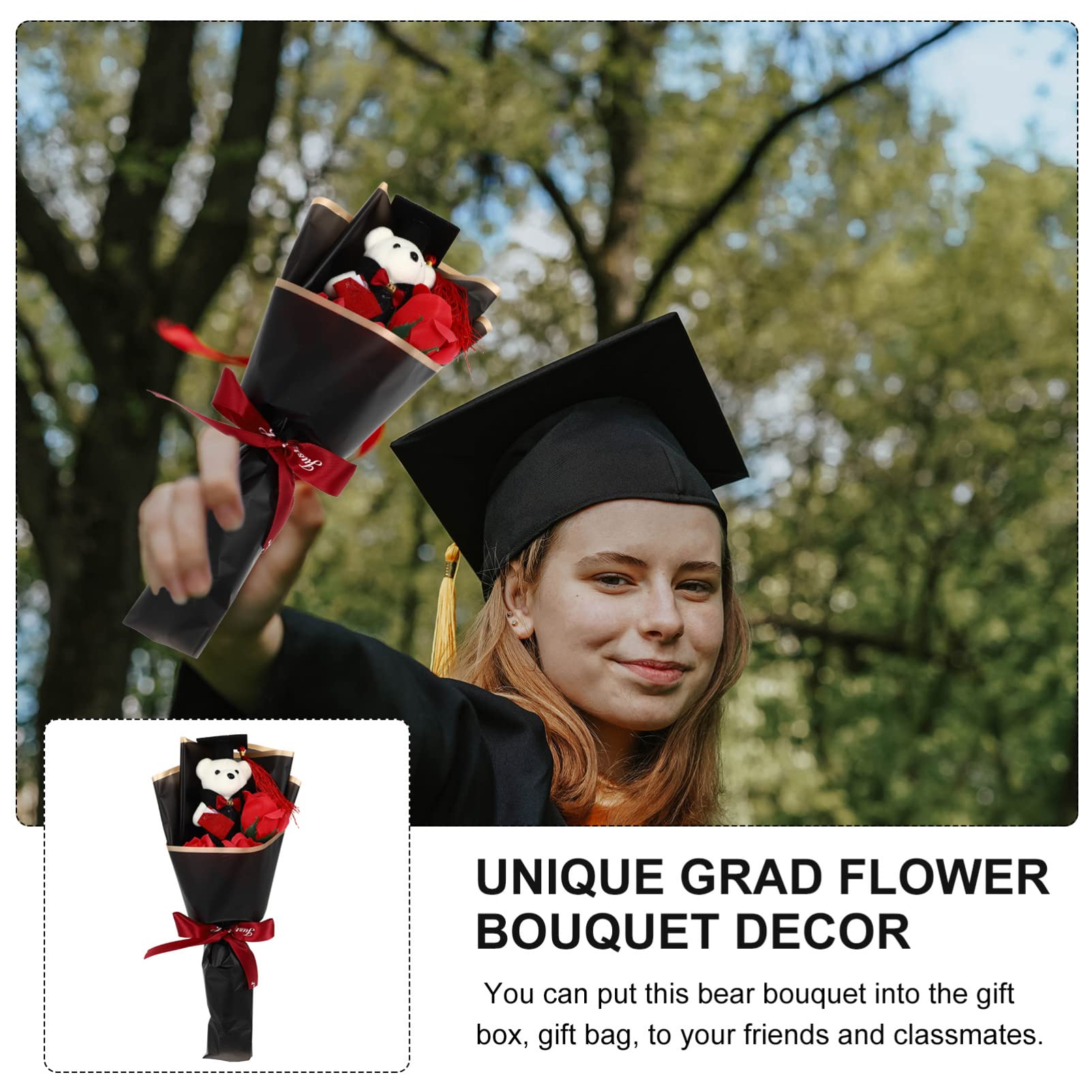 Alipis Graduation Bear Bouquet - Mini Plush Teddy Bear with Artificial Roses, Floral Arrangement for Graduation Gifts (Red) - Perfect for Graduation Ceremonies, Parties, and Decorations