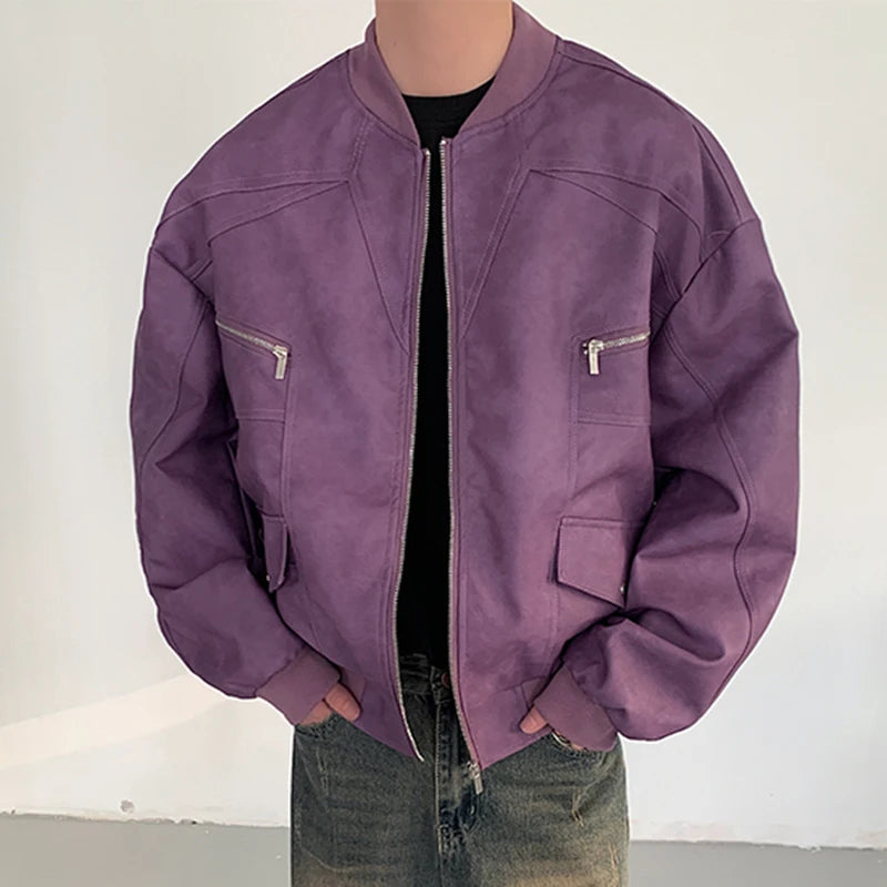 Men's PU Leather Jacket - American Style Casual Zipper Patchwork Coat, Solid Color Loose Fit Male Outerwear for Autumn Fashion | Perfect for Daily Wear, Street Style & Outdoor Activities (Style 9C6885)