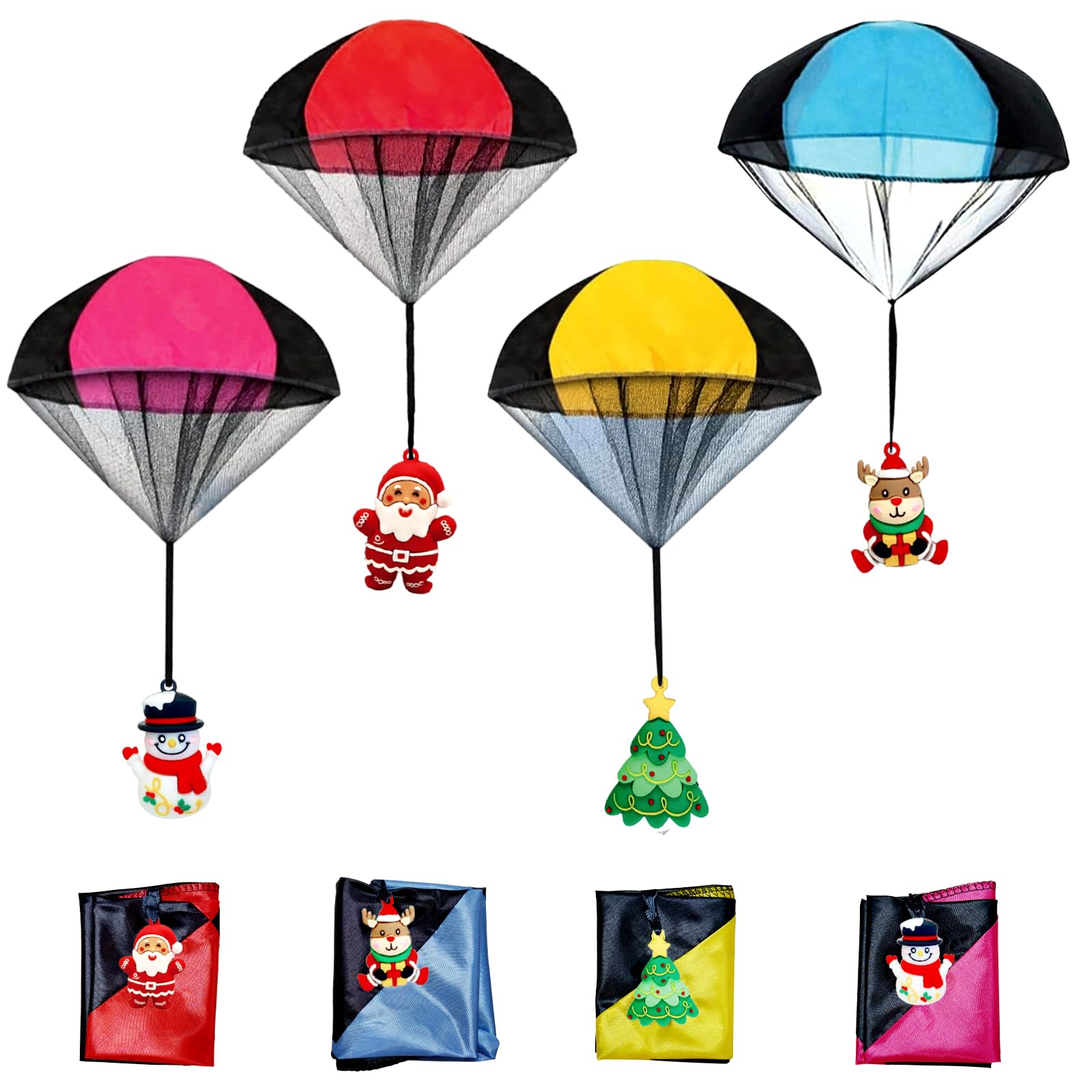 4Pcs Christmas Parachute Toys for Kids - Hand Throw Flying Toys for Boys & Girls - Stocking Stuffers, Party Favors & Xmas Gifts - Outdoor Play, Birthday Parties & Holiday Fun