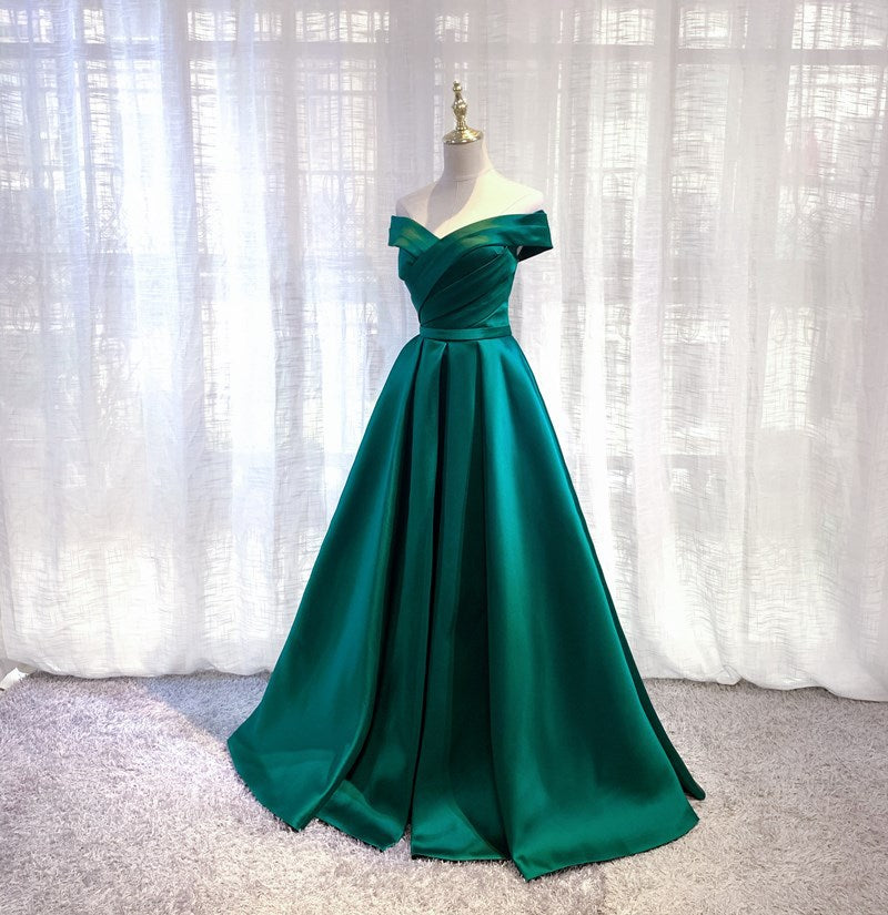 Elegant Off Shoulder Emerald Green Long Prom Dress - Satin Formal Evening Gown for Women - Perfect for Homecoming, Wedding Guest & Black Tie Events