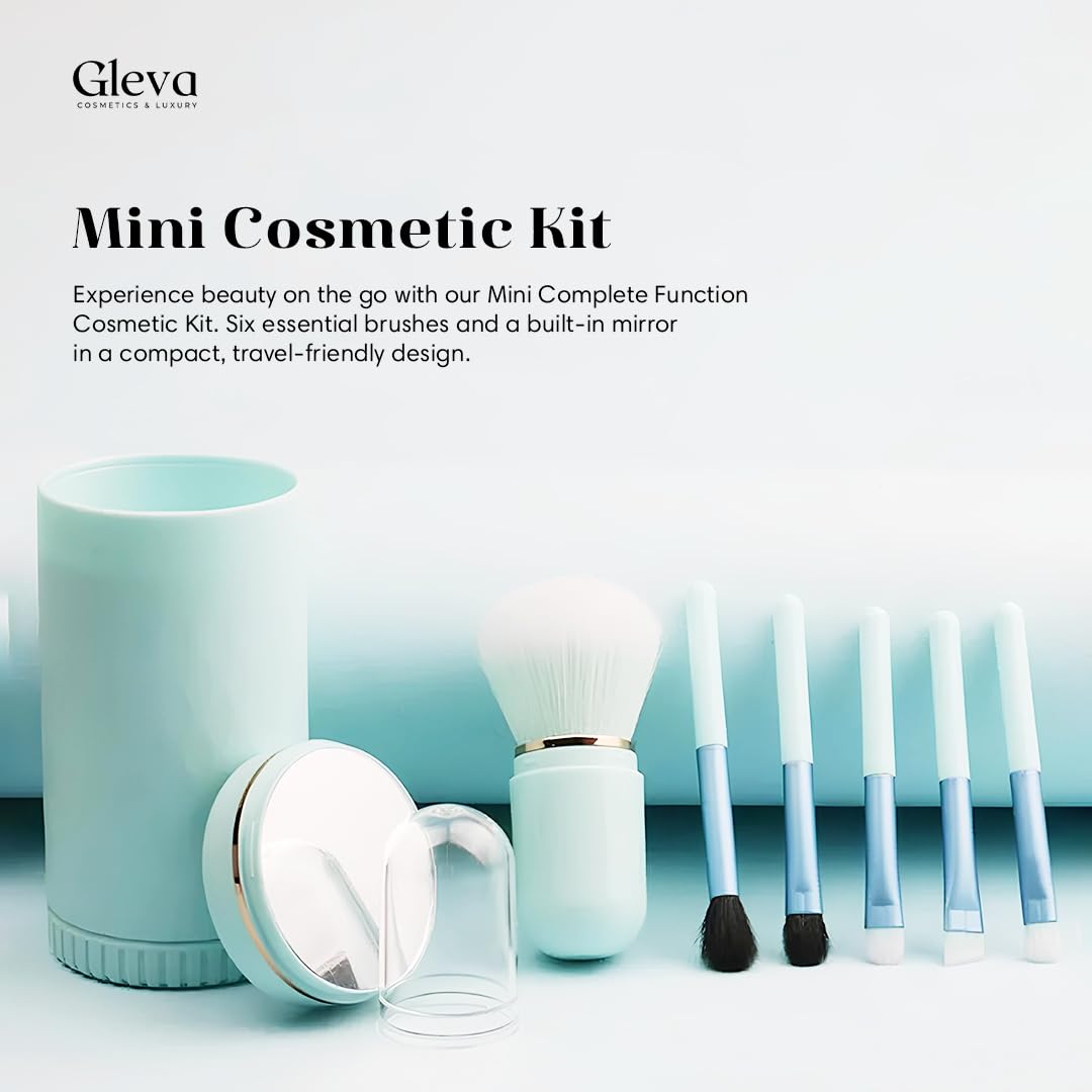 Gleva 6-Piece Travel Makeup Brush Set with Holder & Mirror - Portable Mini Cosmetic Brushes Kit for Foundation, Powder, Concealer, Eyeshadow & Eyebrow - Synthetic Bristles (Black) | Perfect for On-The-Go Makeup & Travel Essentials