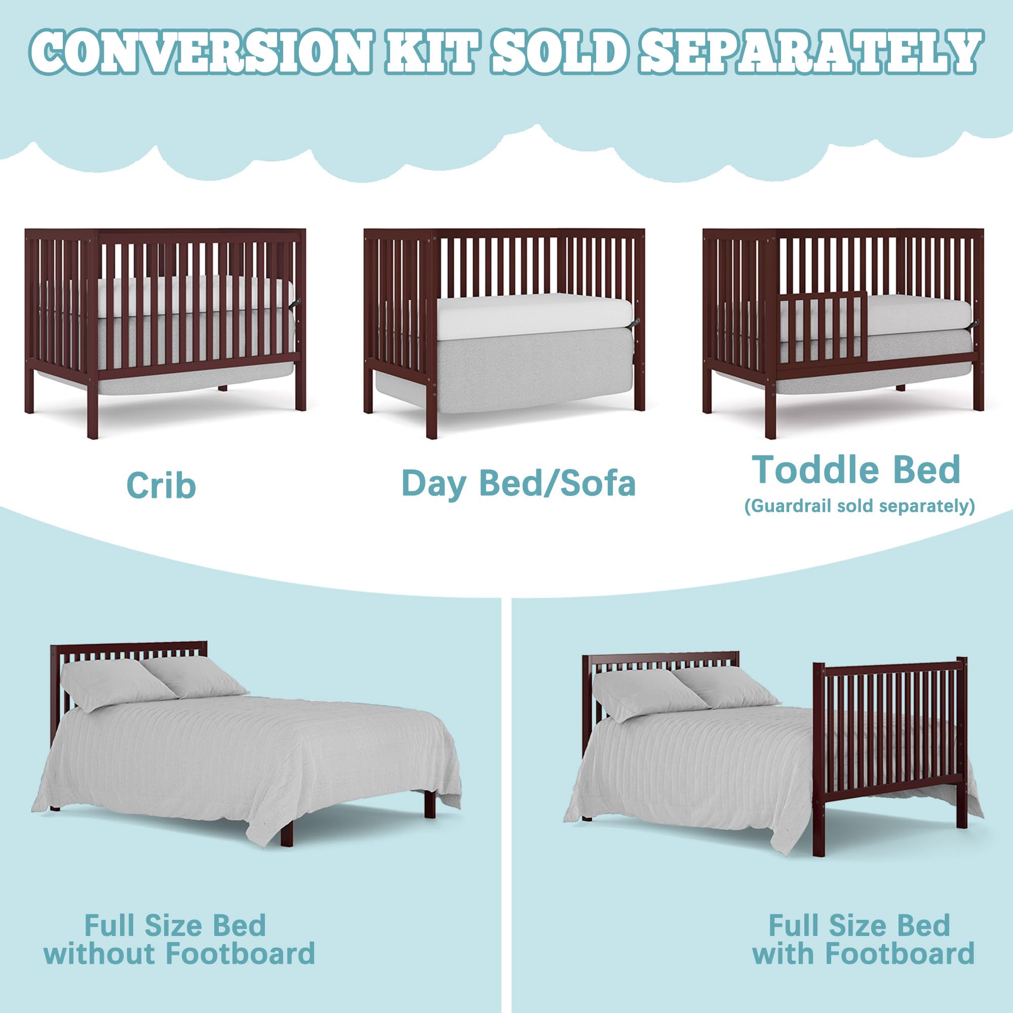 5-in-1 Convertible Baby Crib to Toddler Bed - Sustainable Natural Pinewood, Non-Toxic Finish, Full Size Nursery Furniture (Espresso) - Perfect for Small Spaces & Growing Babies