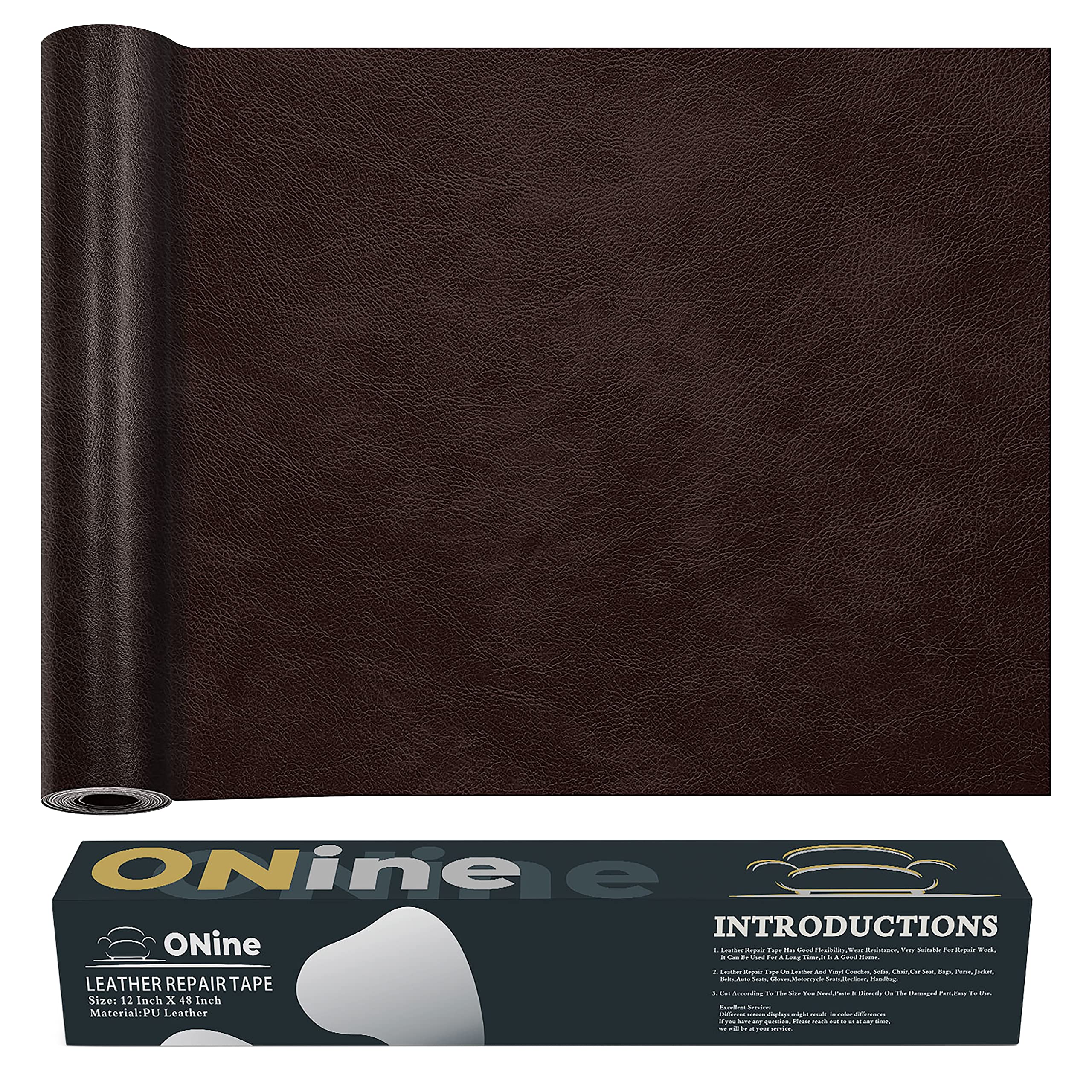 ONine Leather & Vinyl Repair Tape Kit - 12 x 48 Inch Dark Brown Furniture Patch for Sofas, Couches, Car Seats | Durable Repair Solution for Home & Auto Upholstery