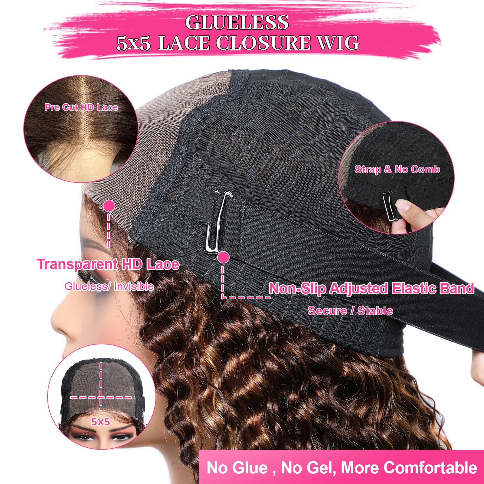 30 Inch Glueless Curly Human Hair Wigs for Women - Pre Plucked 180 Density 5x5 HD Lace Closure Wig with Highlight Ombre, No Glue Wear & Go Lace Front Wig | Perfect for Daily Wear, Parties, Cosplay & Protective Hairstyles