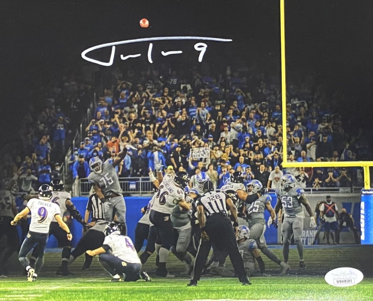 Justin Tucker Autographed 8x10 Baltimore Ravens Photo - Record Kick Highlight - JSA Certified - Perfect for NFL Memorabilia Collection and Ravens Fan Gifts