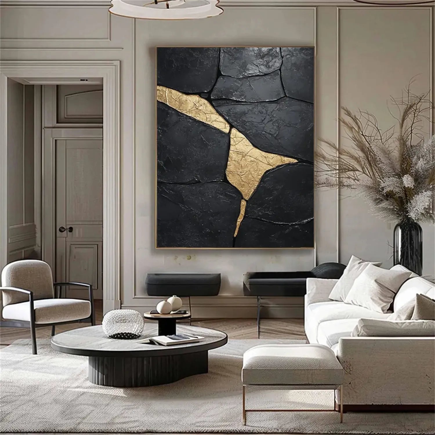 Black Gold Minimalist Textured Painting Canvas Wall Art - Modern Abstract Home Decor for Living Room, Bedroom & Office | Premium Quality #MZ124