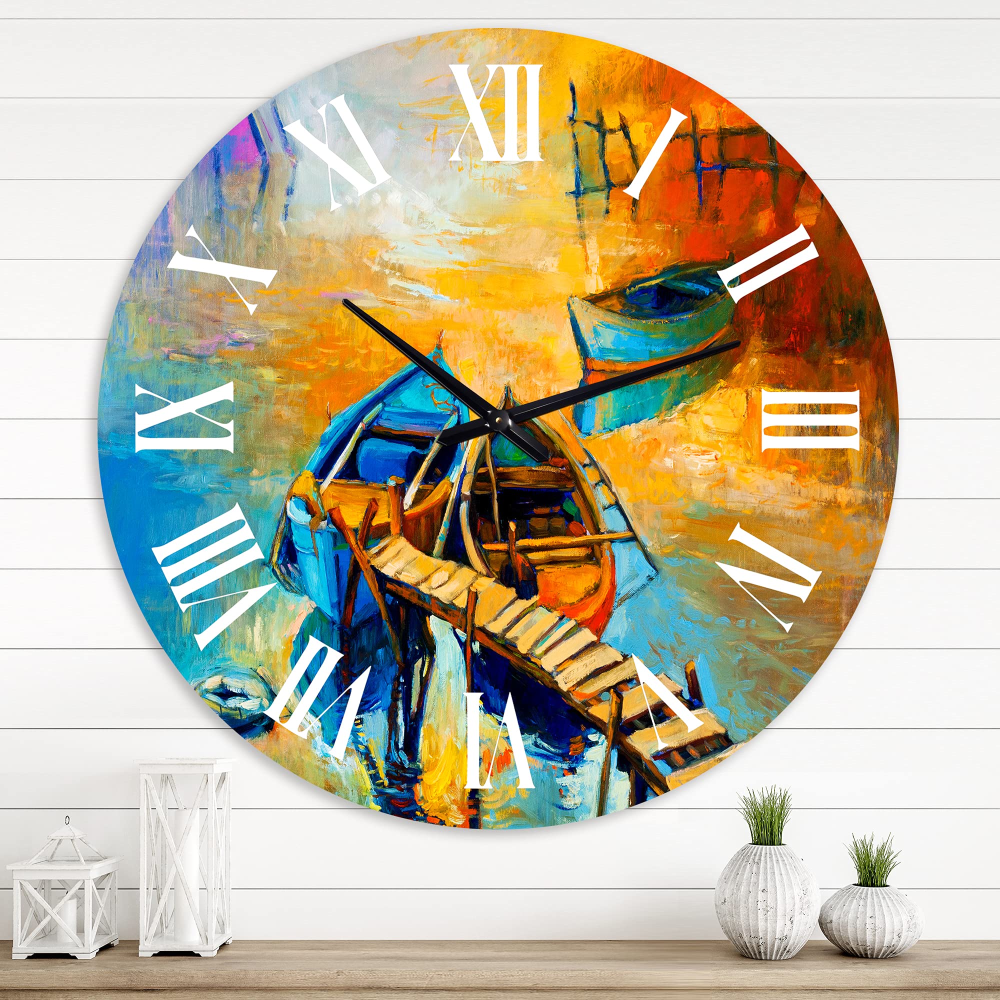 DesignQ Nautical Coastal Wall Clock - Boat at Sunset Lake Scene, Orange Round Clock for Home & Office Decor - Perfect for Living Room, Bedroom, or Beach House